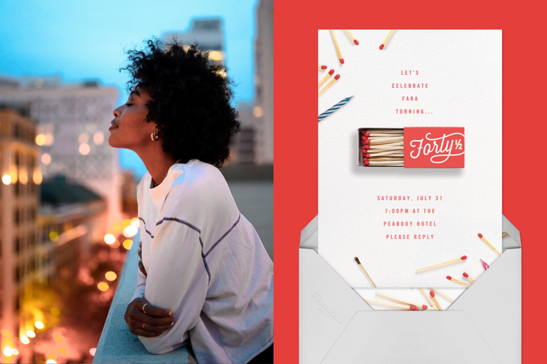 Left: Photo of a woman enjoying a nice evening on her balcony. | Right: “It’s Getting Lit - 40” invitation by Cheree Berry Paper & Design for Paperless Post featuring a photo of a matchbook and candles on a red background.