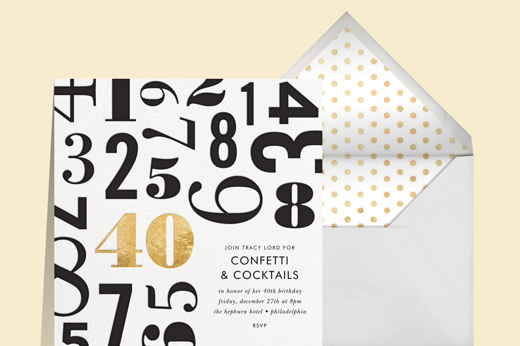 “Lucky Number” invitation by kate spade new york for Paperless Post, featuring type treatments of differently sized numbers with “40” highlighted in gold.