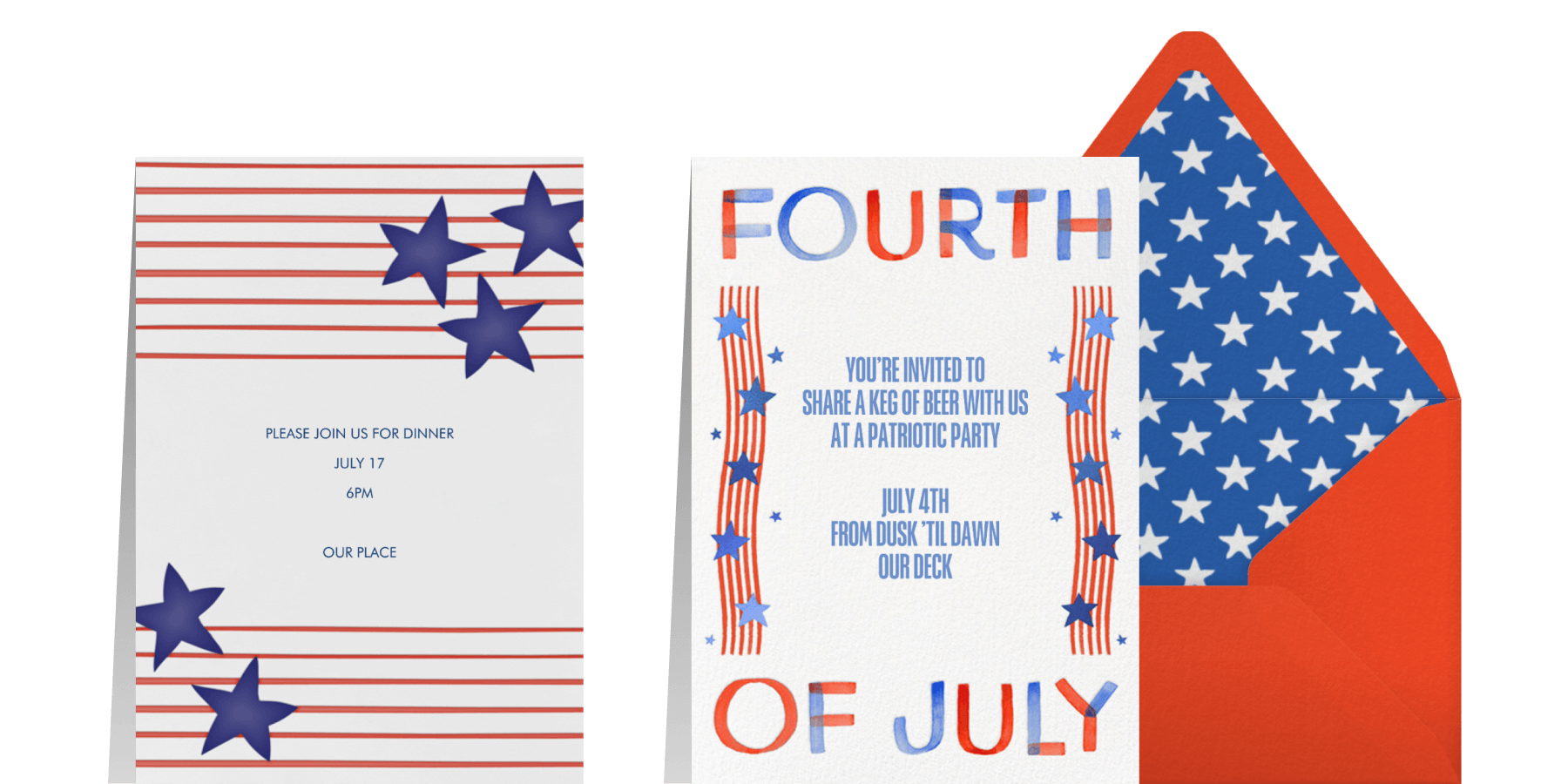 Two patriotic 4th of July invitations sitting side by side