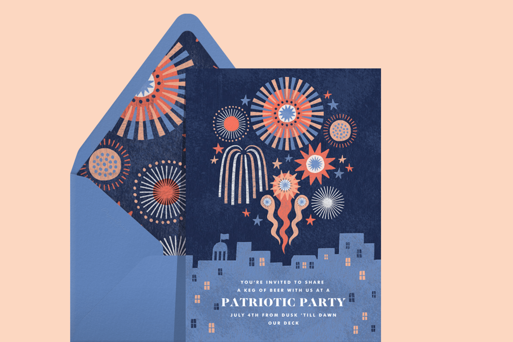 A 4th of July invitation and envelope featuring red, white, and blue fireworks over a dark cityscape
