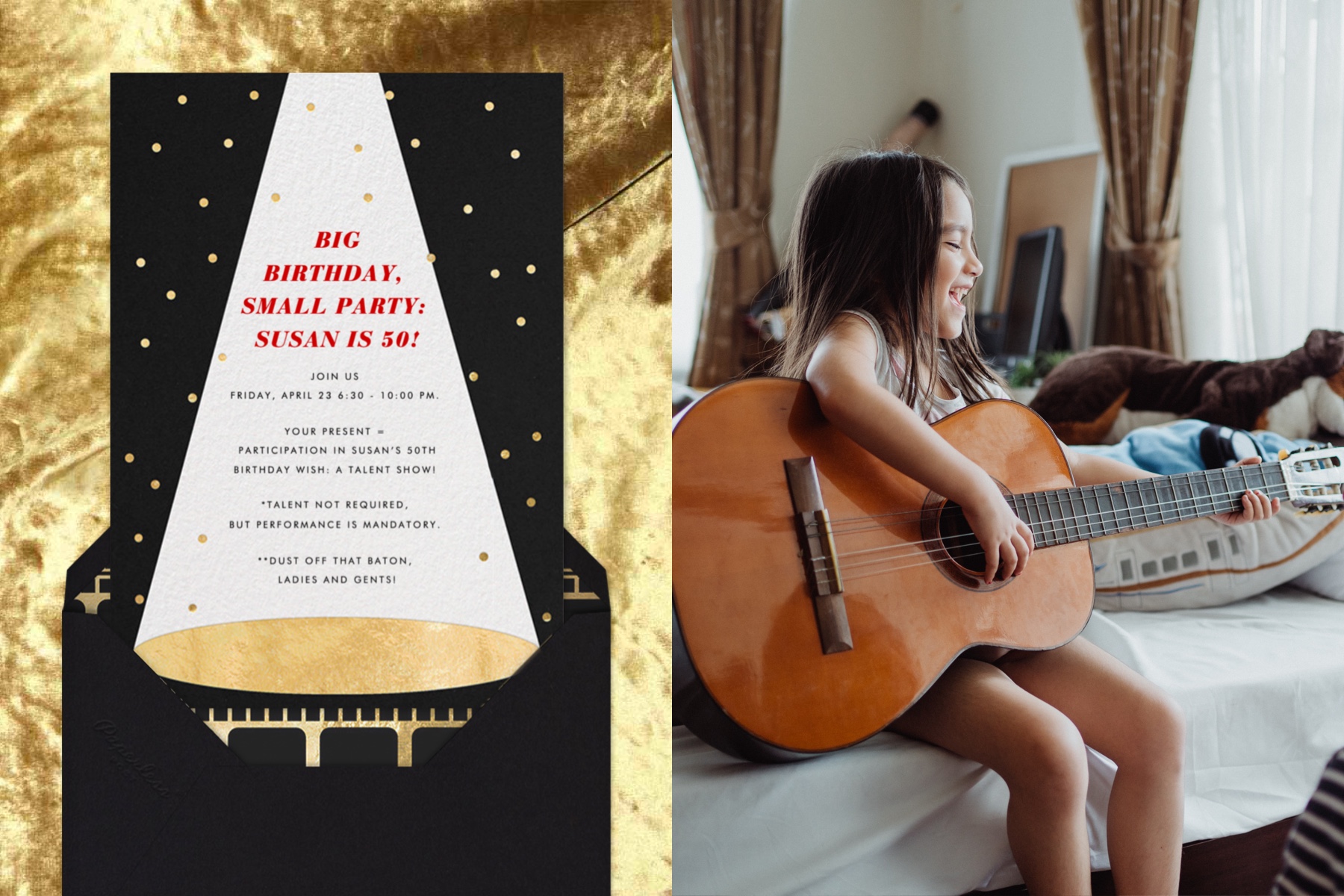 Left: “On the Spot” invitation by Paperless Post featuring an illustration of a spotlight on stage on a crushed velvet background. | Right: Photo of a young girl playing guitar in a bedroom. 