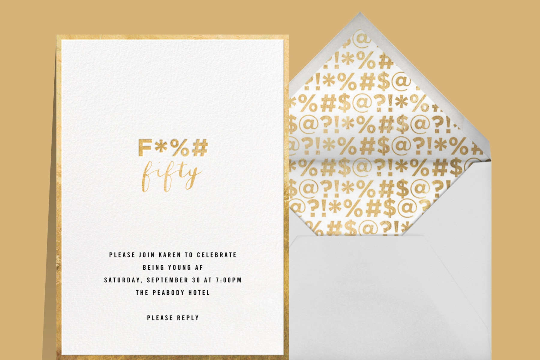 “The F Word” invitation by Cheree Berry Paper & Design for Paperless Post featuring graphic typography of the words “F*%# Fifty” on a beige background.