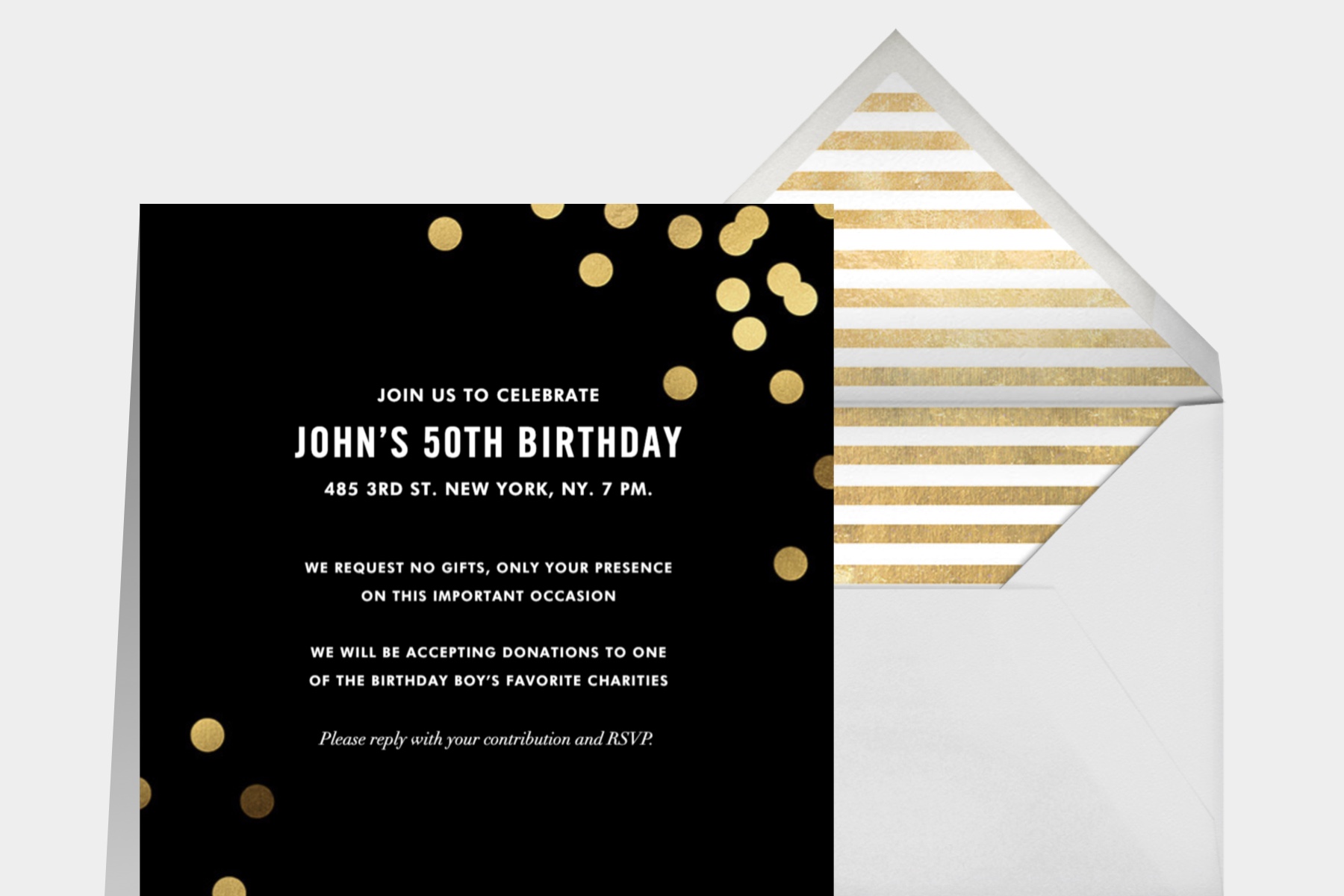 “Confetti (Square) - Black” invitation by kate spade new york for Paperless Post featuring a black card with gold confetti details on a white background.
