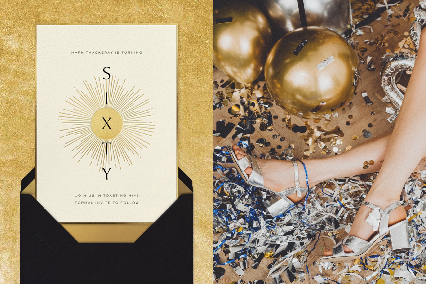 Left: “Around the Sun” invitation by Paperless Post featuring an illustration of a sun and vertical text on a gold background. | Right: Image of a woman’s feet in high heels. She’s laying on the ground surrounded by confetti as if she danced until she was tired.