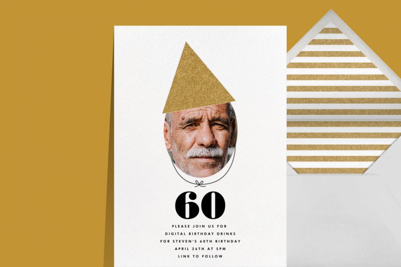 “New Party Hat” invitation by The Indigo Bunting for Paperless Post featuring a photo opening that you can customize and a party hat.