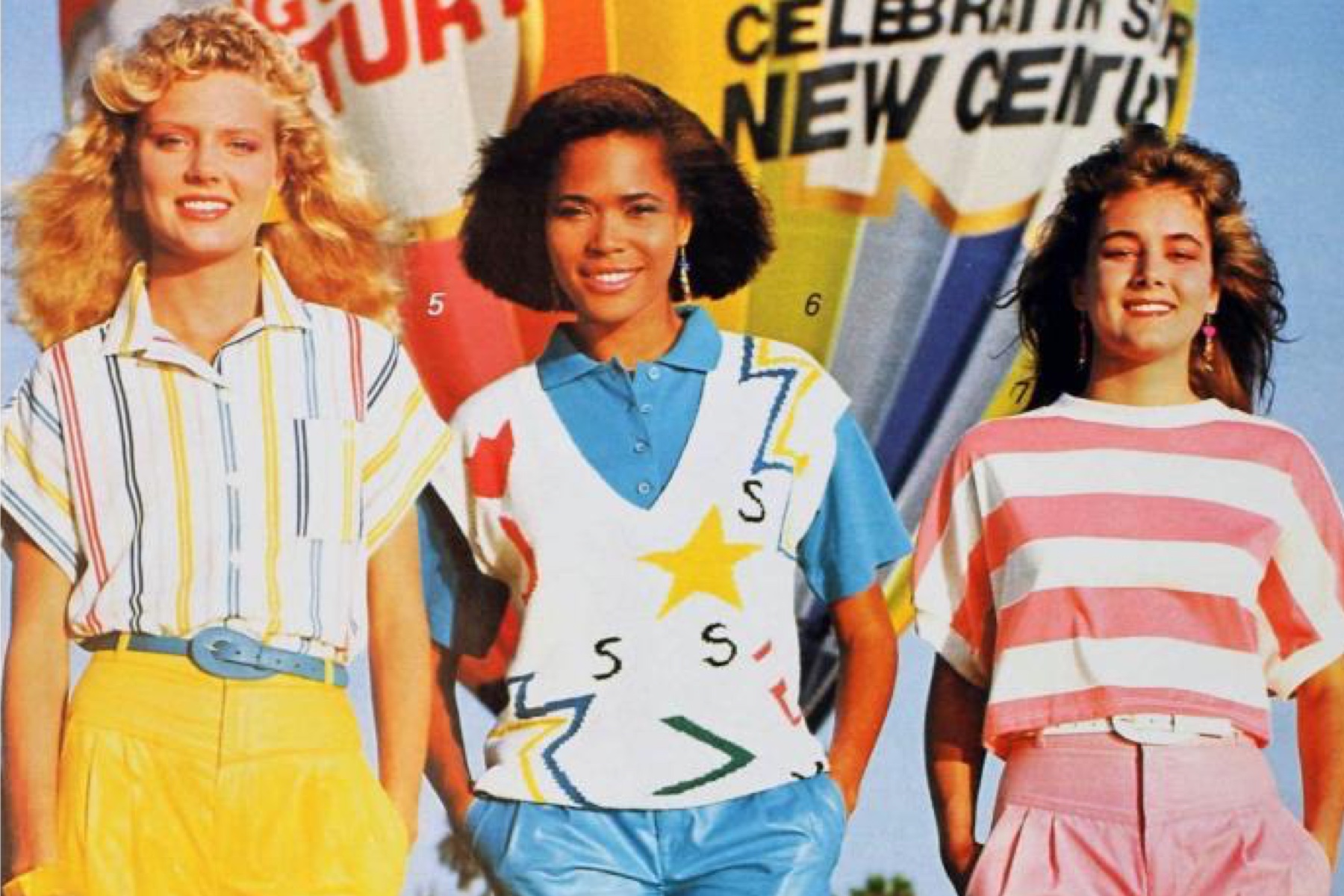 Three women wear preppy ’80s-style clothing. 