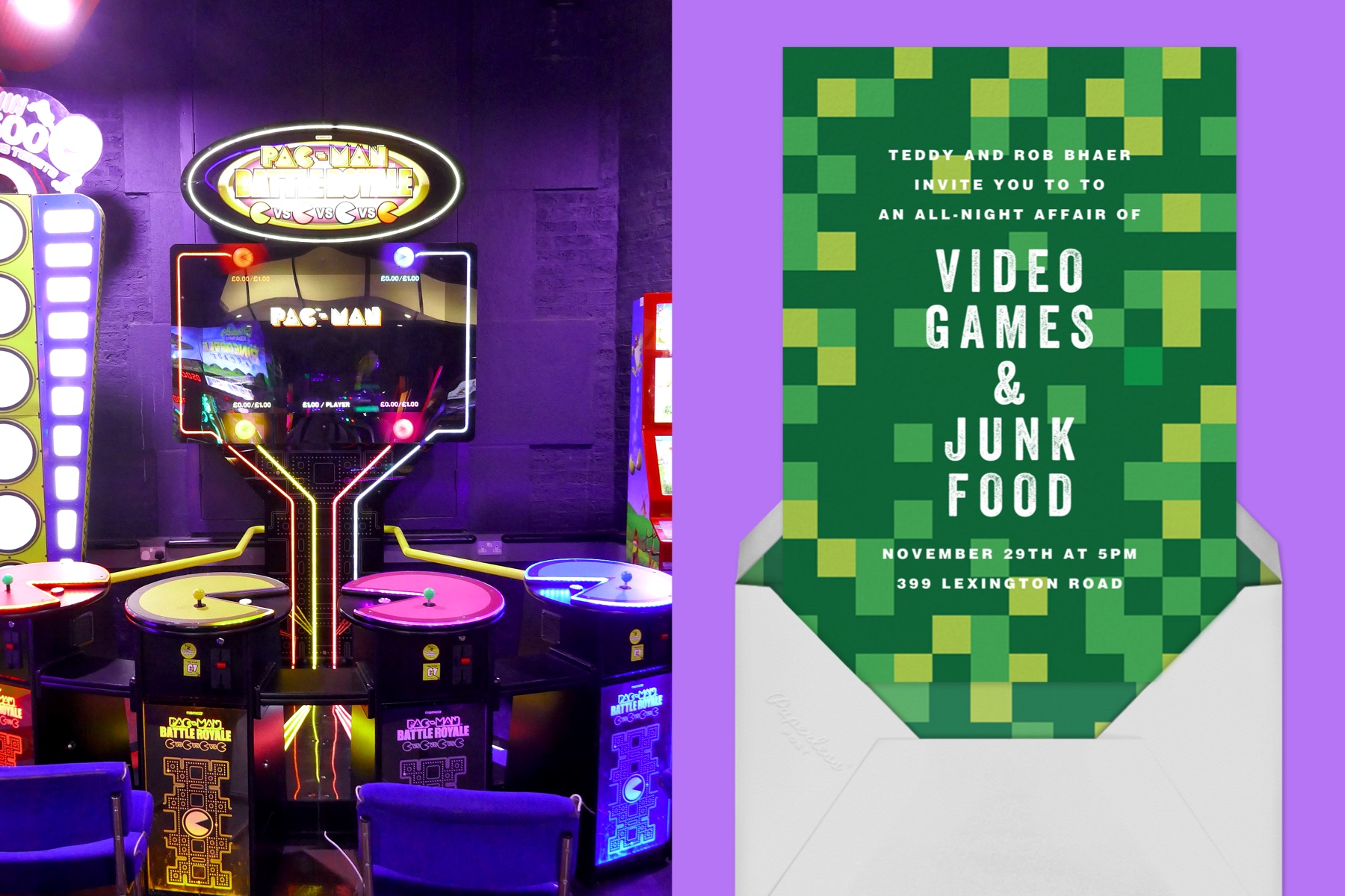Left: A vintage Pac-Man arcade game. Right: “Pixelation Nation” invitation by Paperless Post featuring large green pixels. 
