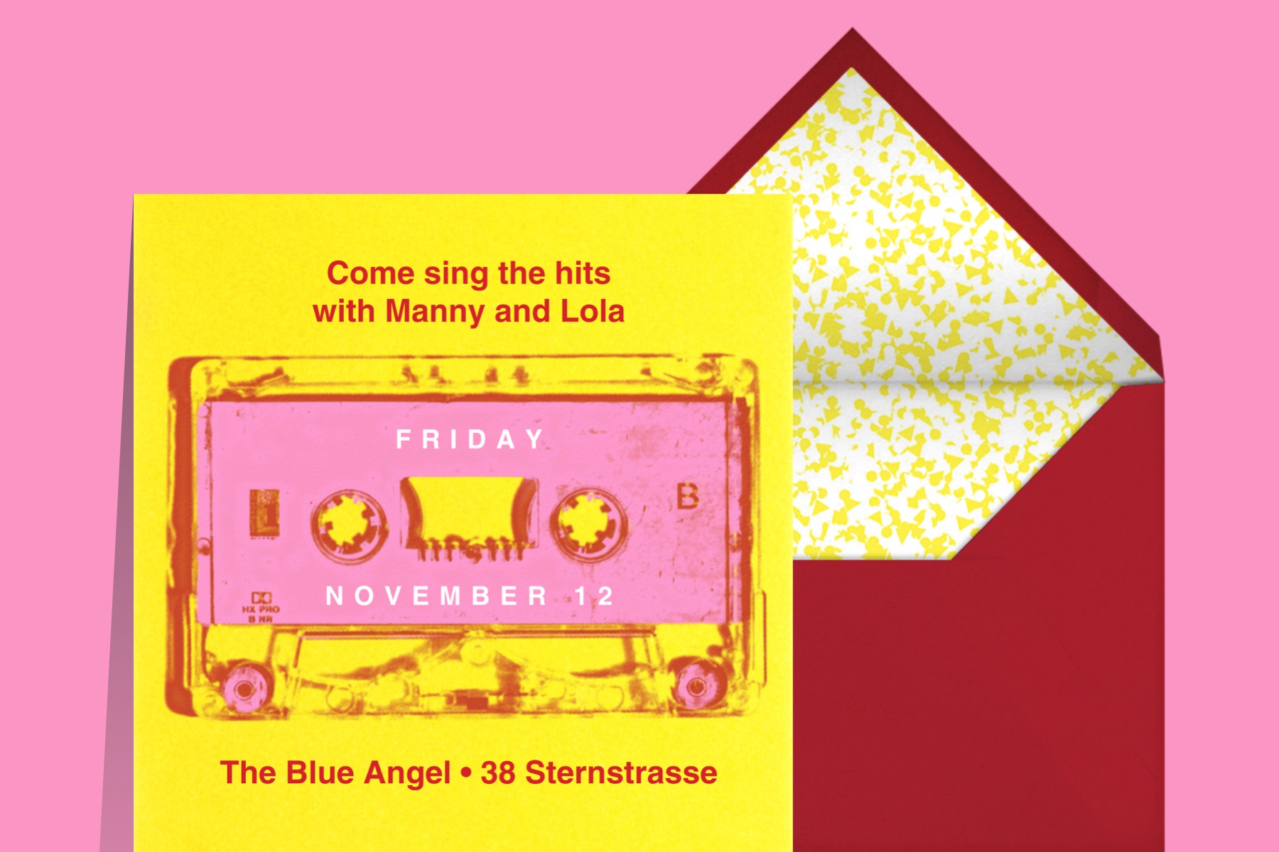 “Mix Tape” invitation by Paperless Post featuring a pink cassette tape on a yellow background.