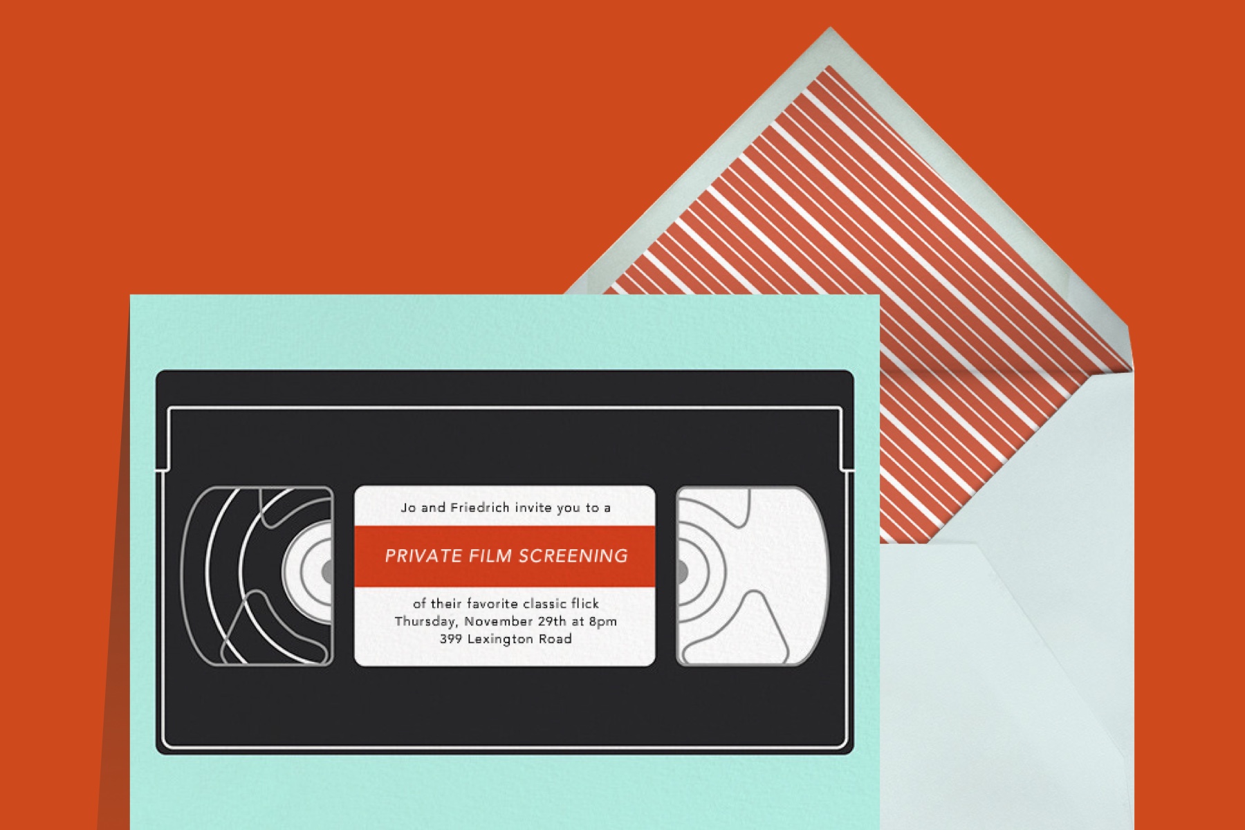 “VHS” invitation by Paperless Post featuring an illustration of a video cassette tape. 