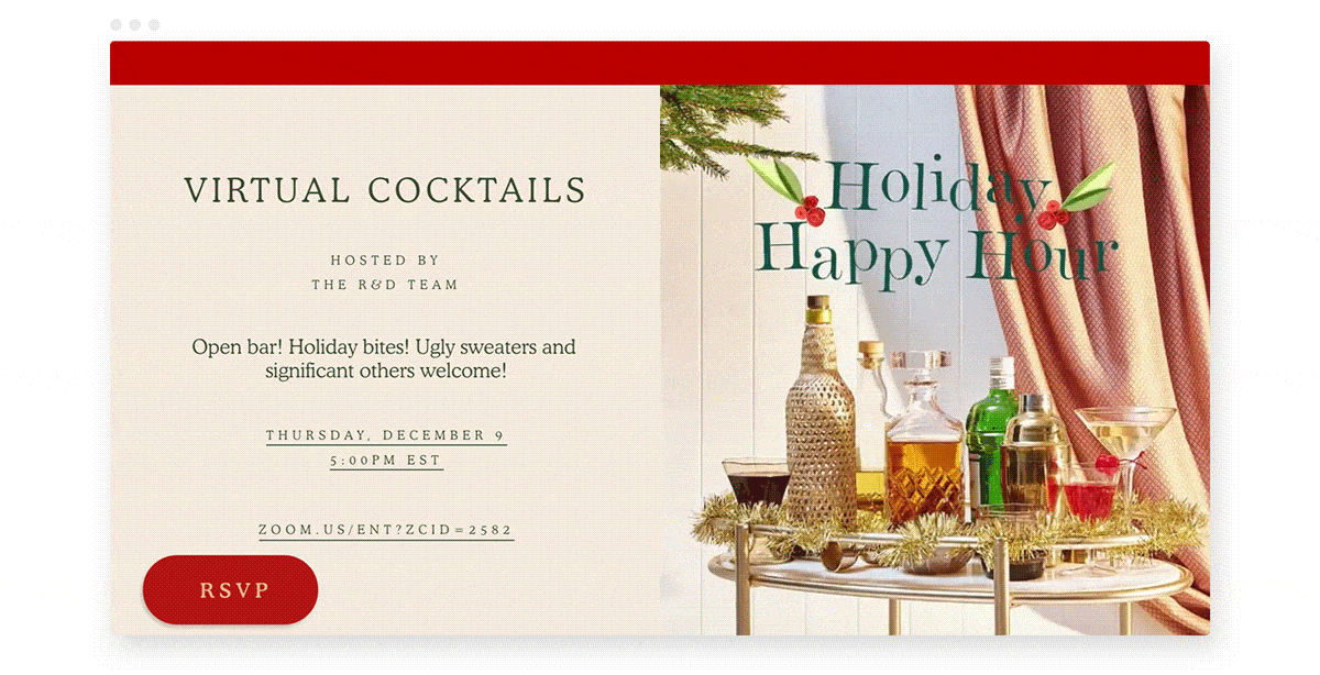 An online invitation that reads “Holiday Happy Hour” with liquor on a bar cart. 