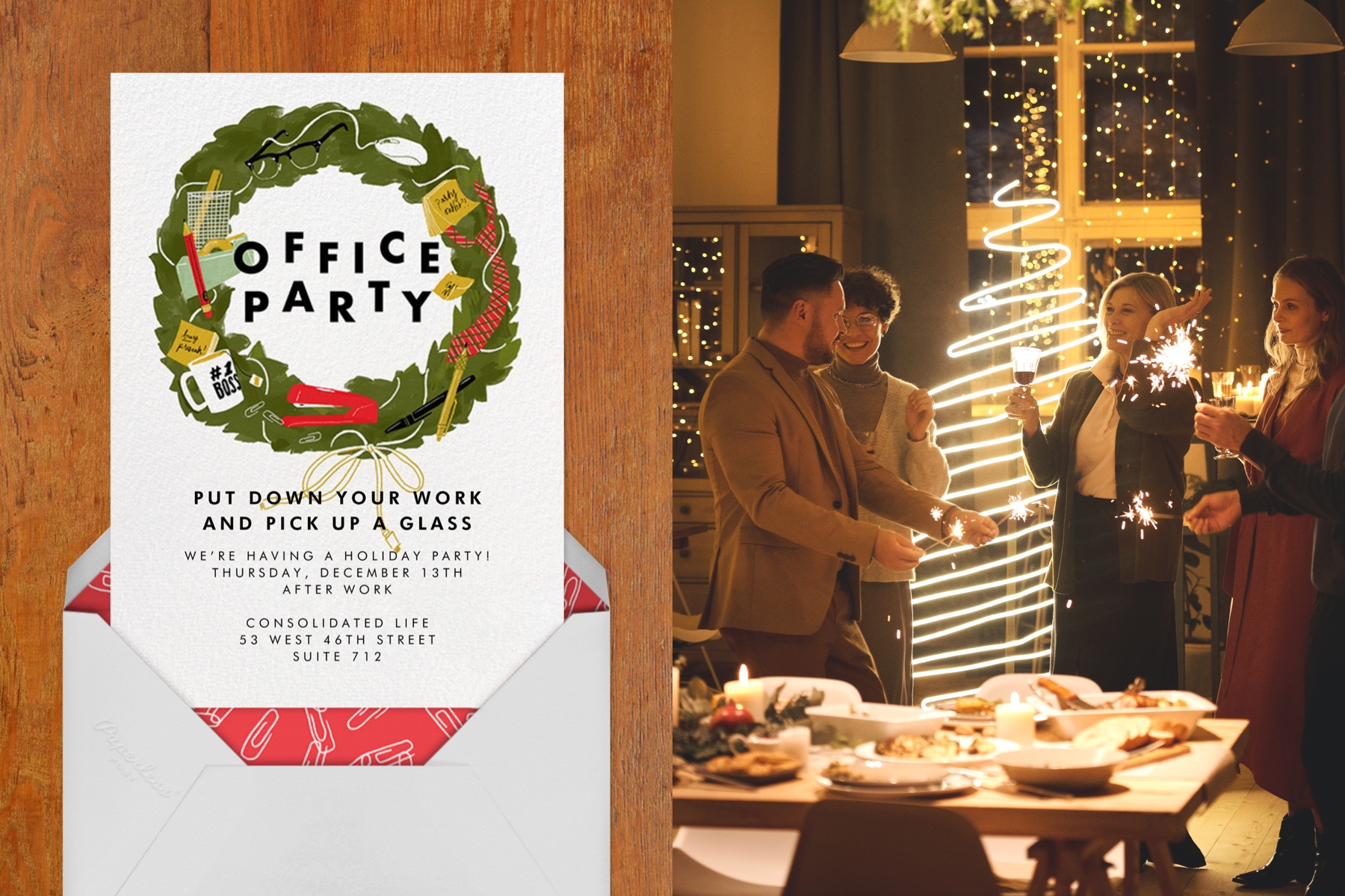 Left: An invitation that reads “Office party” with a wreath covered in office supplies. Right: People gather around food and an abstract Christmas tree design.