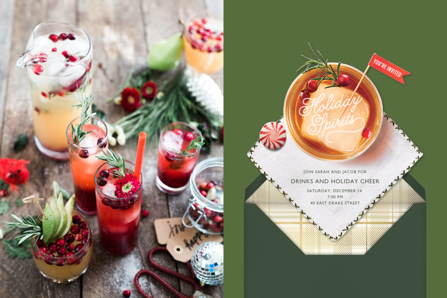 Left: A colorful assortment of holiday cocktails. Right: A card showing a holiday cocktail from above with a toothpick flag that reads “You’re invited.”