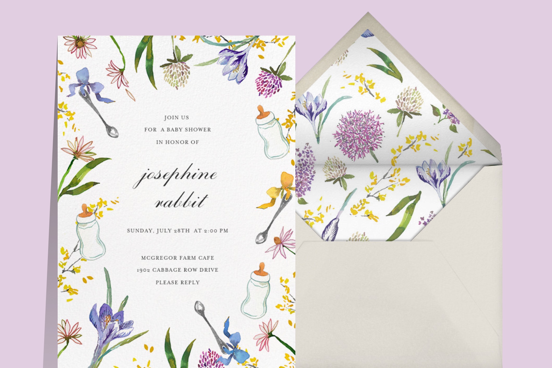 baby shower invitation wording featuring purple flowers