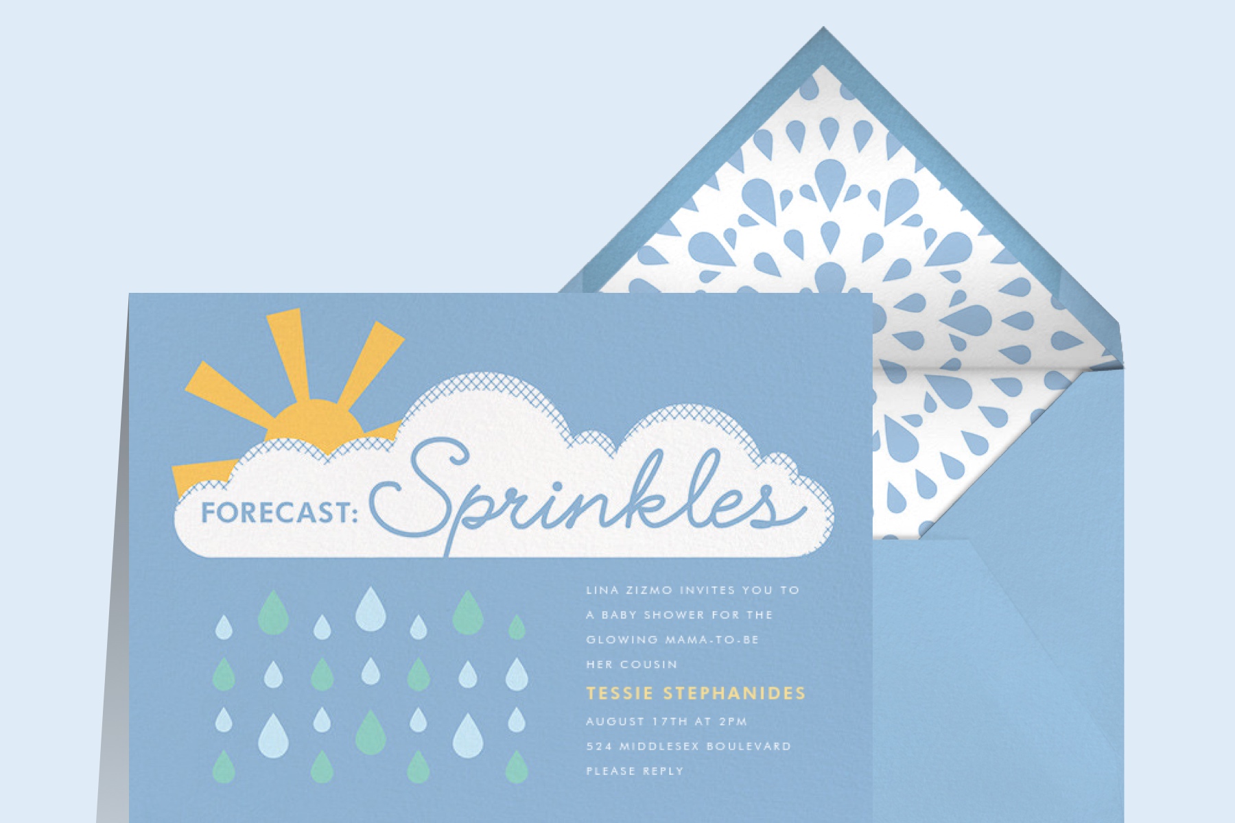 sprinkle baby shower invitation wording featuring a cloud and rain