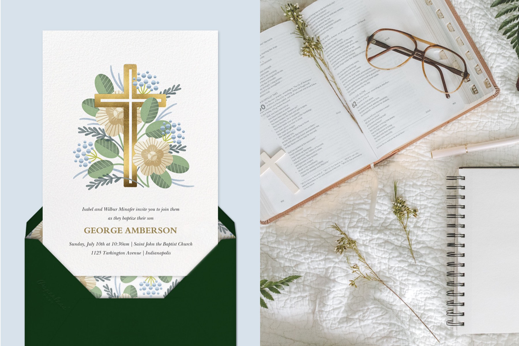 left: A card showing a gold cross surrounded by flowers. Right: An open bible with sprigs of greenery, eyeglasses, and a small cross. 
