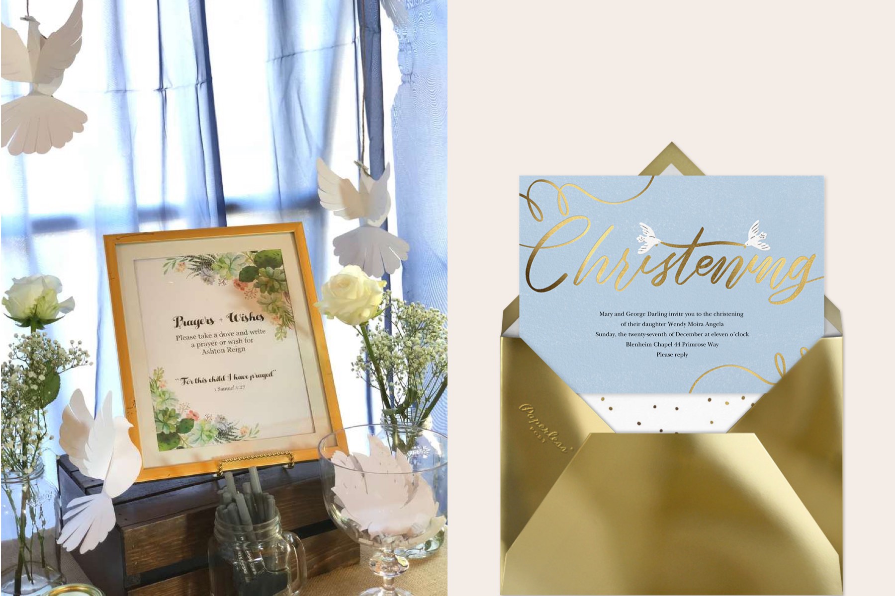 left: A framed image at a baptism party inviting guests to write prayers for the baby. Right: A card that reads “Christening” in script with illustrated doves. 