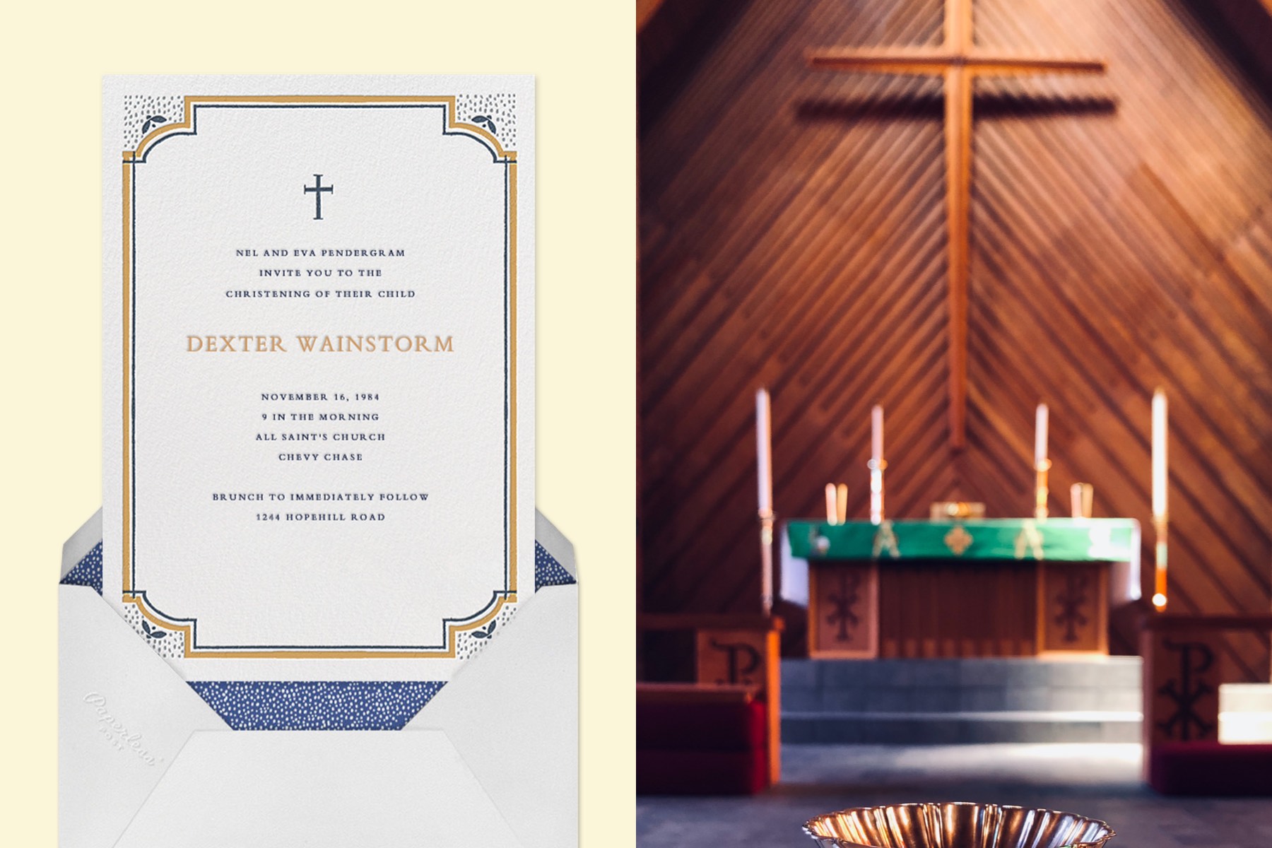 left: A wooden altar in a church. Right: An invitation with a clean border and small cross. 