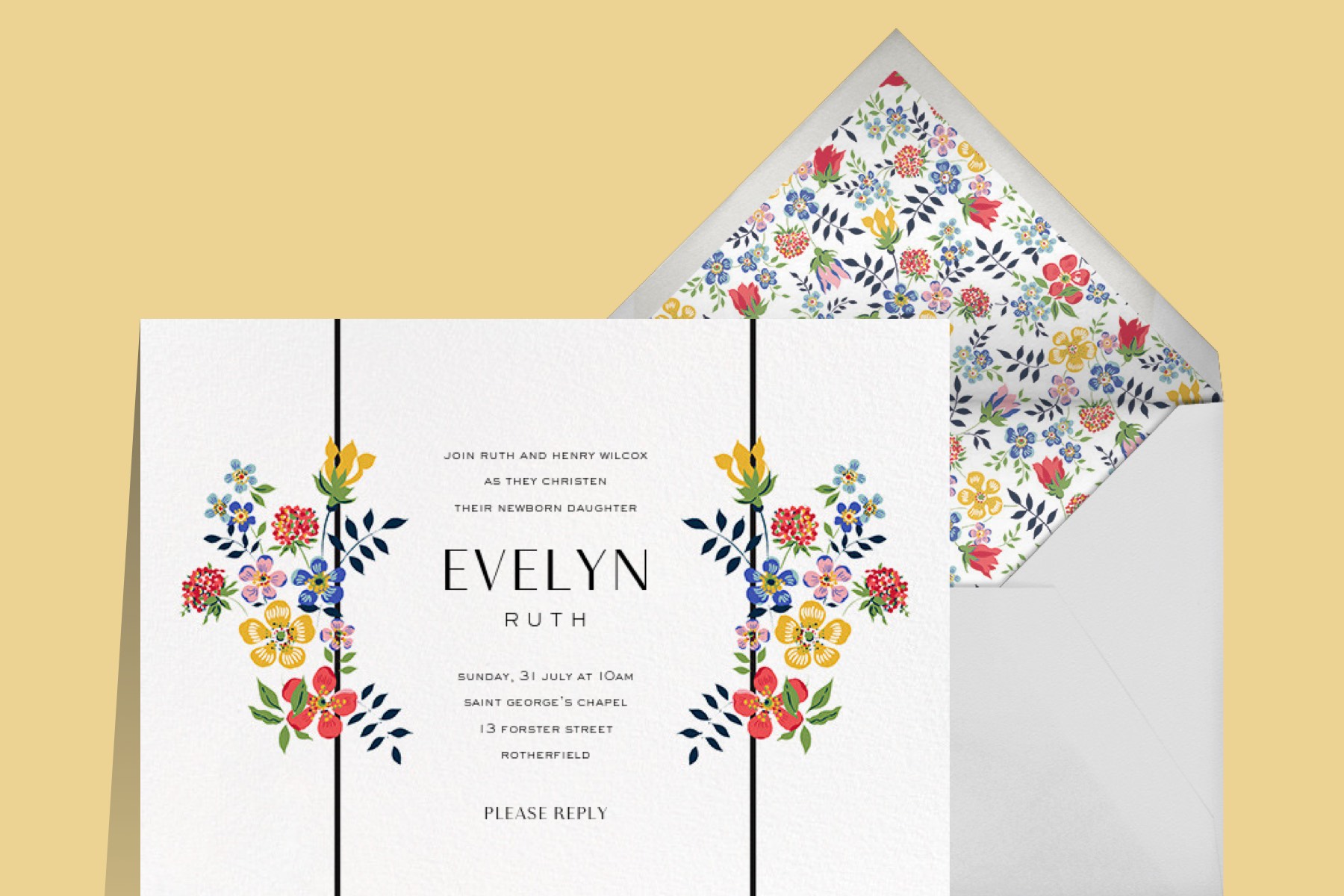 A card with a colorful floral border. 