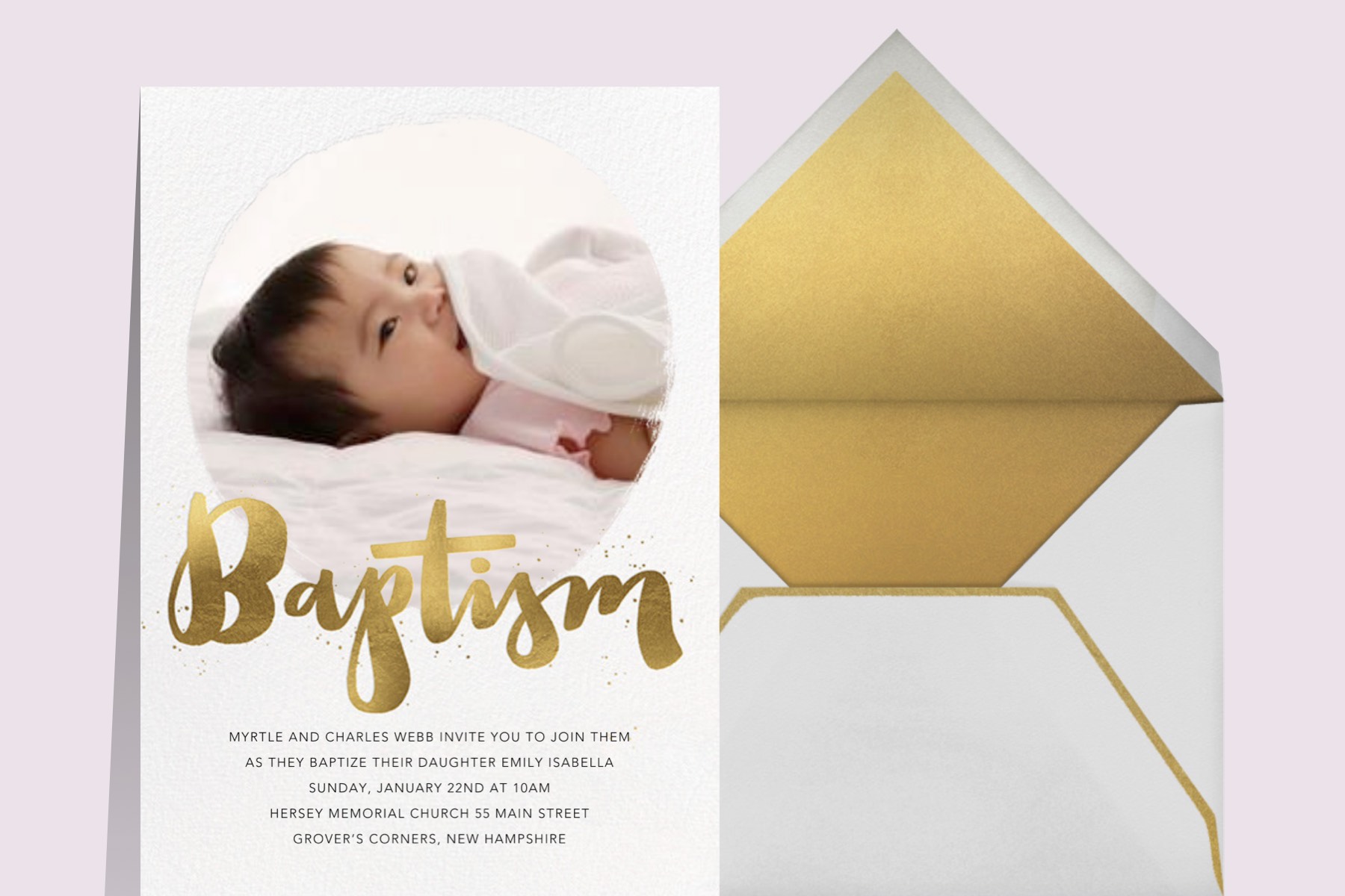 A photo card with a baby and the word “Baptism” written in gold script. 