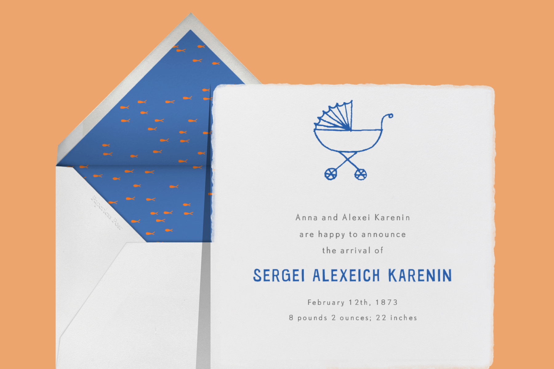 “Deckle - Ivory Square” invitation by Paperless Post. The square white card features an illustration of a pram. The card appears on an orange background.