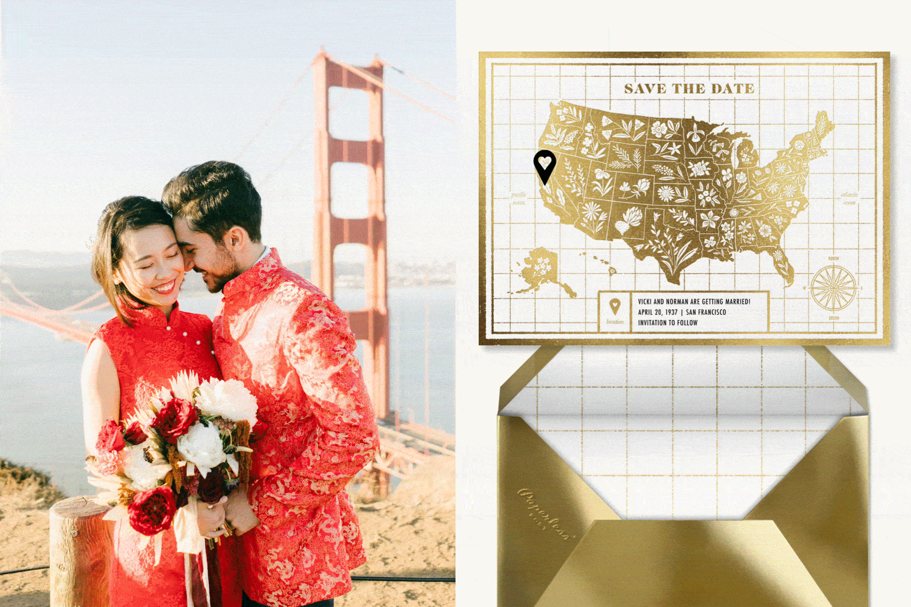 Left: A couple wearing red wedding attire in front of the Golden Gate Bridge | Left: “State of Our Union” by Paperless Post
