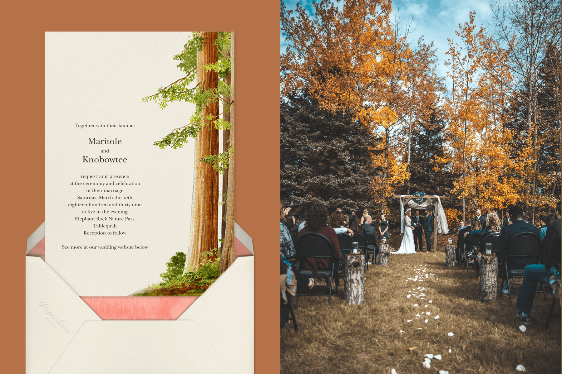 “Sequoia” by Felix Doolittle for Paperless Post | Bride and groom at an alter in a pine forest