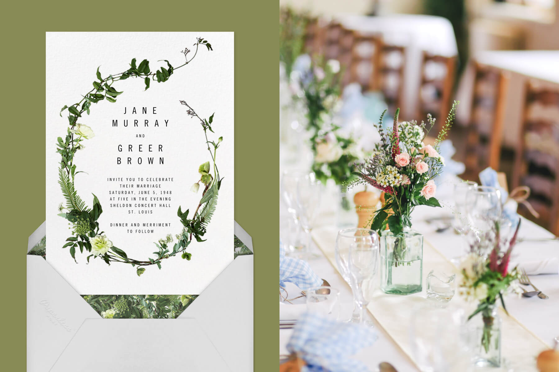 Left: “Cincoteague” by Paperless Post | Right: A white table setting with greenery