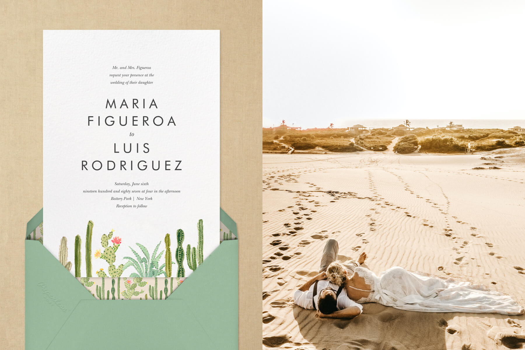 Left: “Sonora” by Paperless Post | A couple laying in the sand in the desert