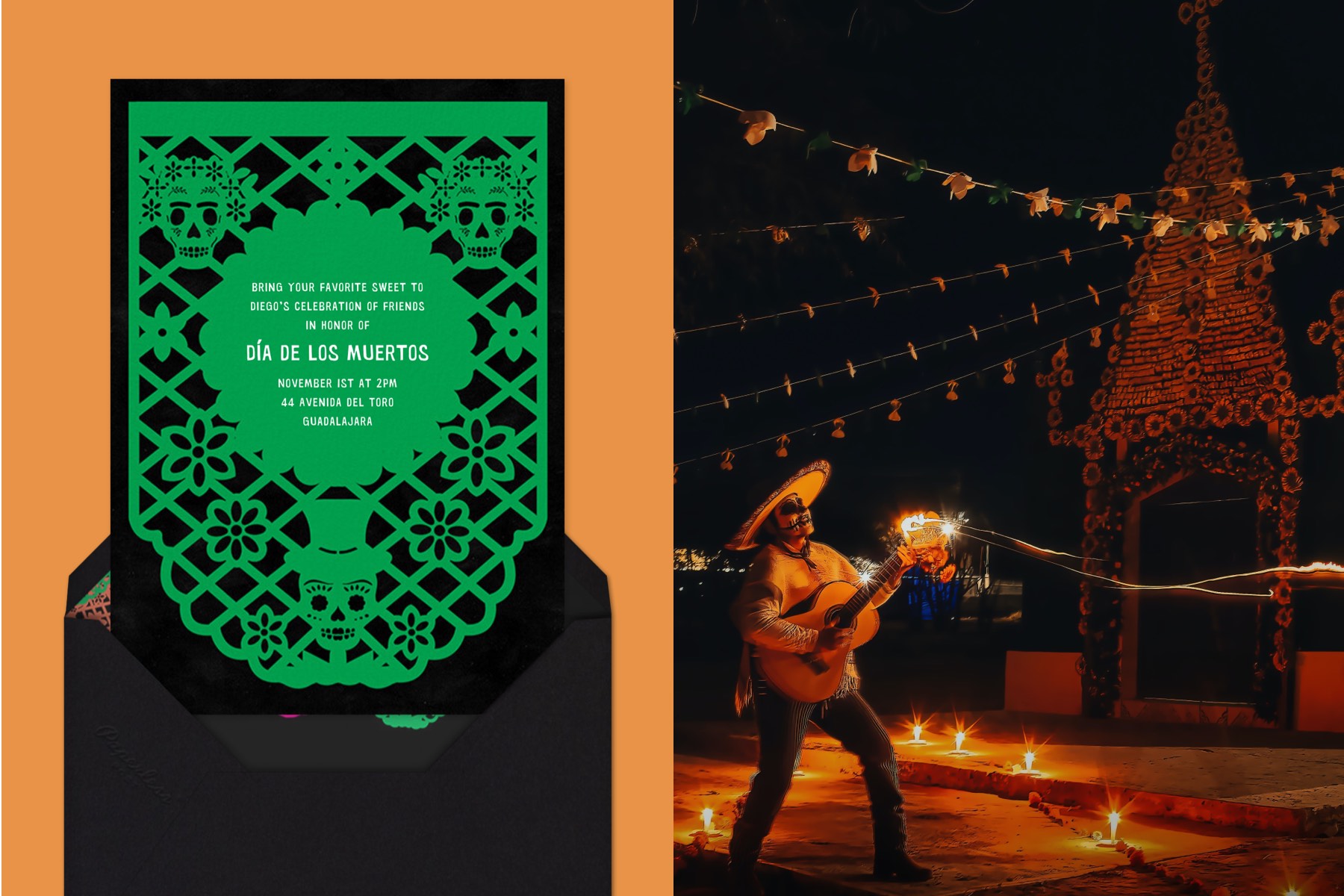 Left: A green and black, papel picado-inspired card. Right: A person wearing sugar skull face paint plays the guitar at night.