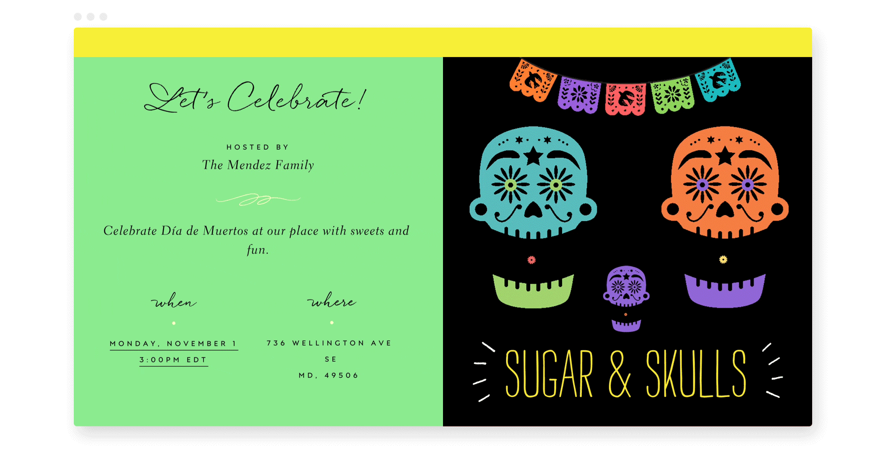 An invitation with moving neon sugar skulls and papel picado. 