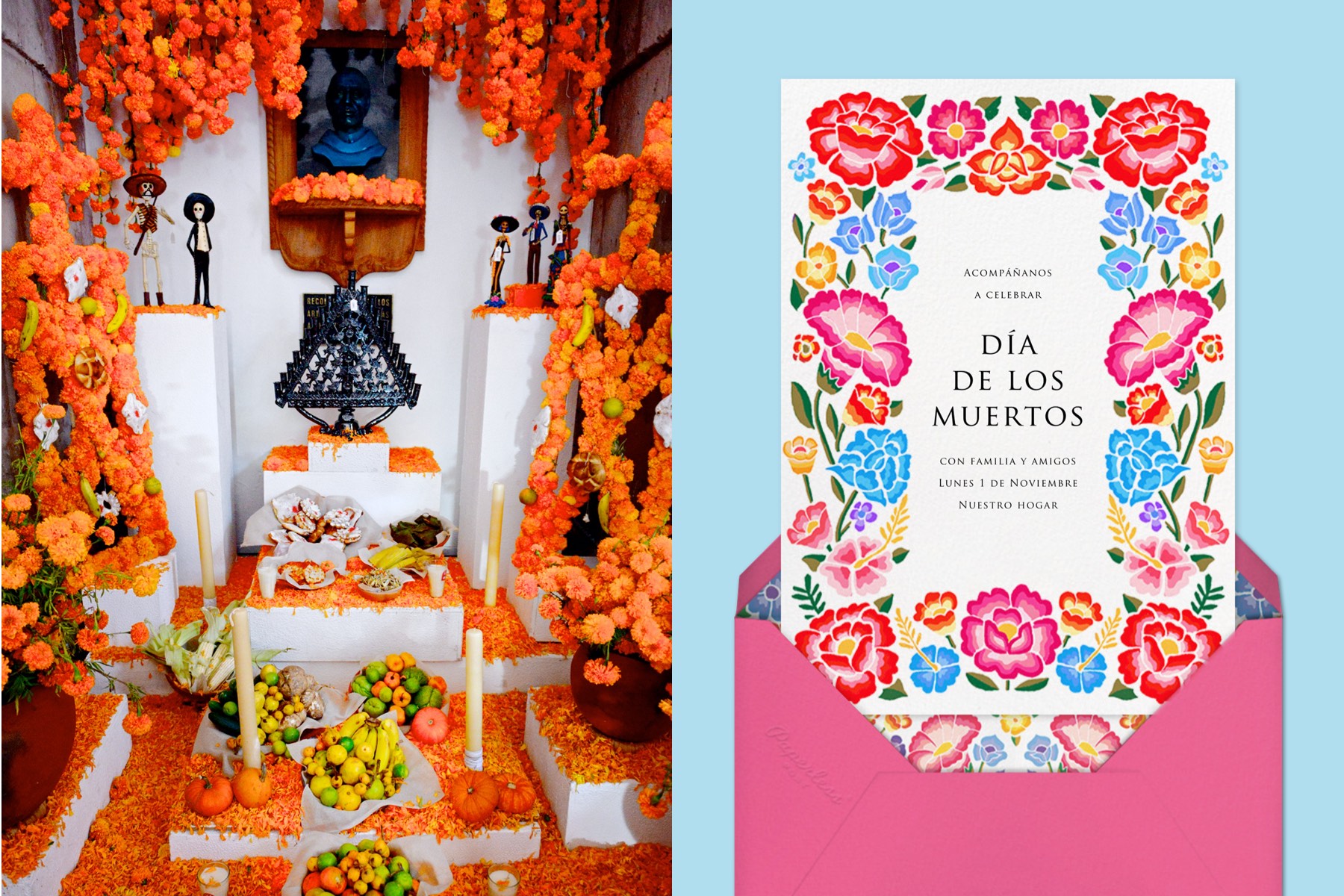 Left: A Mexican gravesite decorated with orange flowers, fruit, and ofrendas. Right: A card with colorful marigold flowers around the border. 