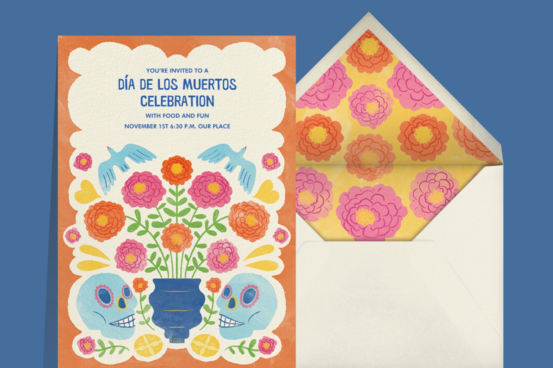 An invitation with an illustration of marigolds in a vase, birds, and sugar skulls. 