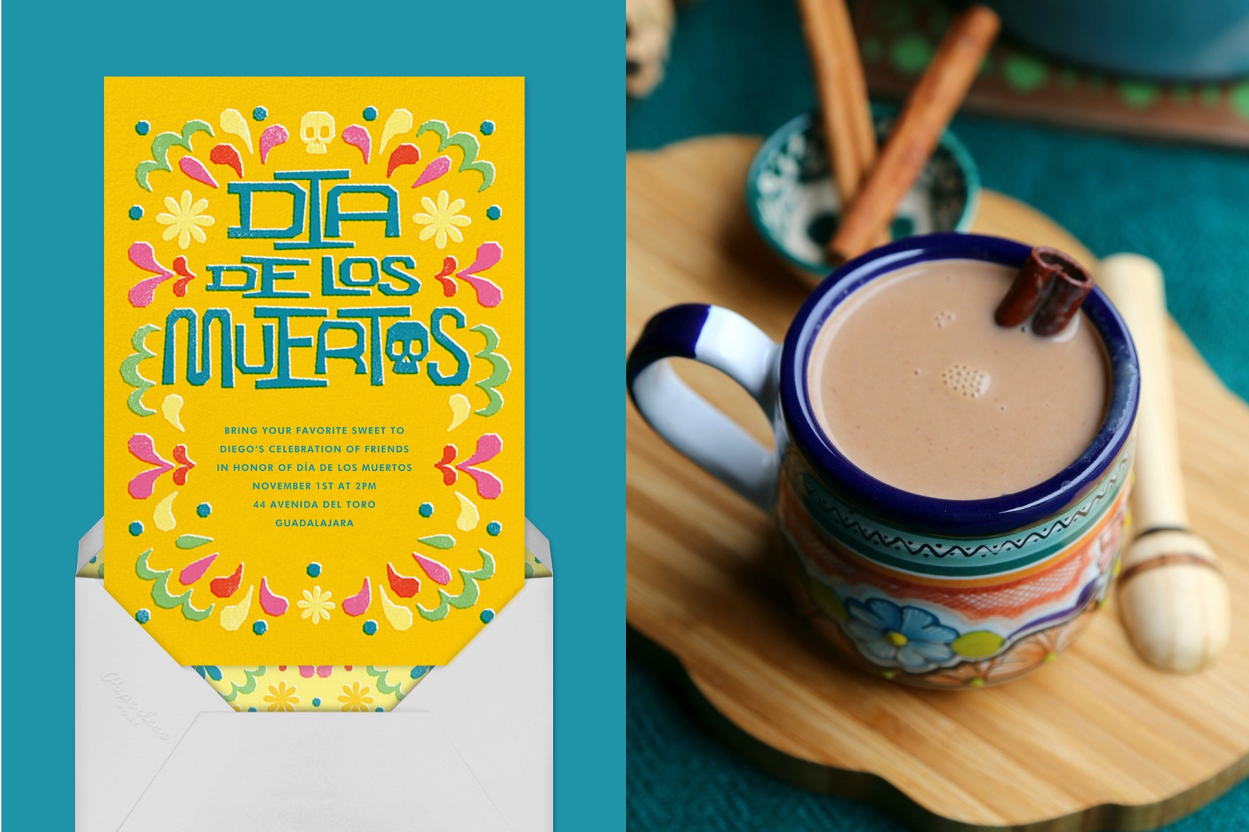 Left: An online invitation featuring floral accents in bright colors. Right: A close-up shot of Champurrado in a mug.
