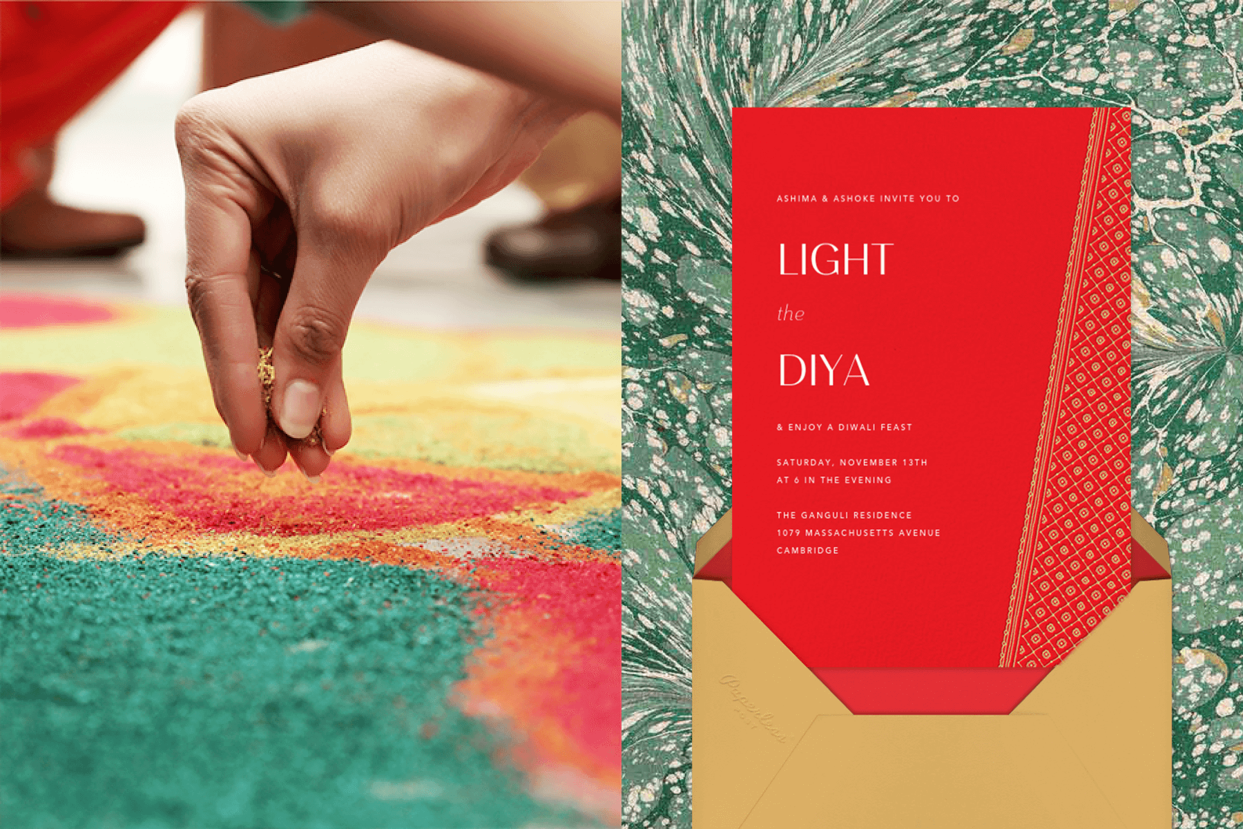 A close up of a hand pouring colorful sand art. Right: A red Diwali invitation featuring a subtle geometric design.