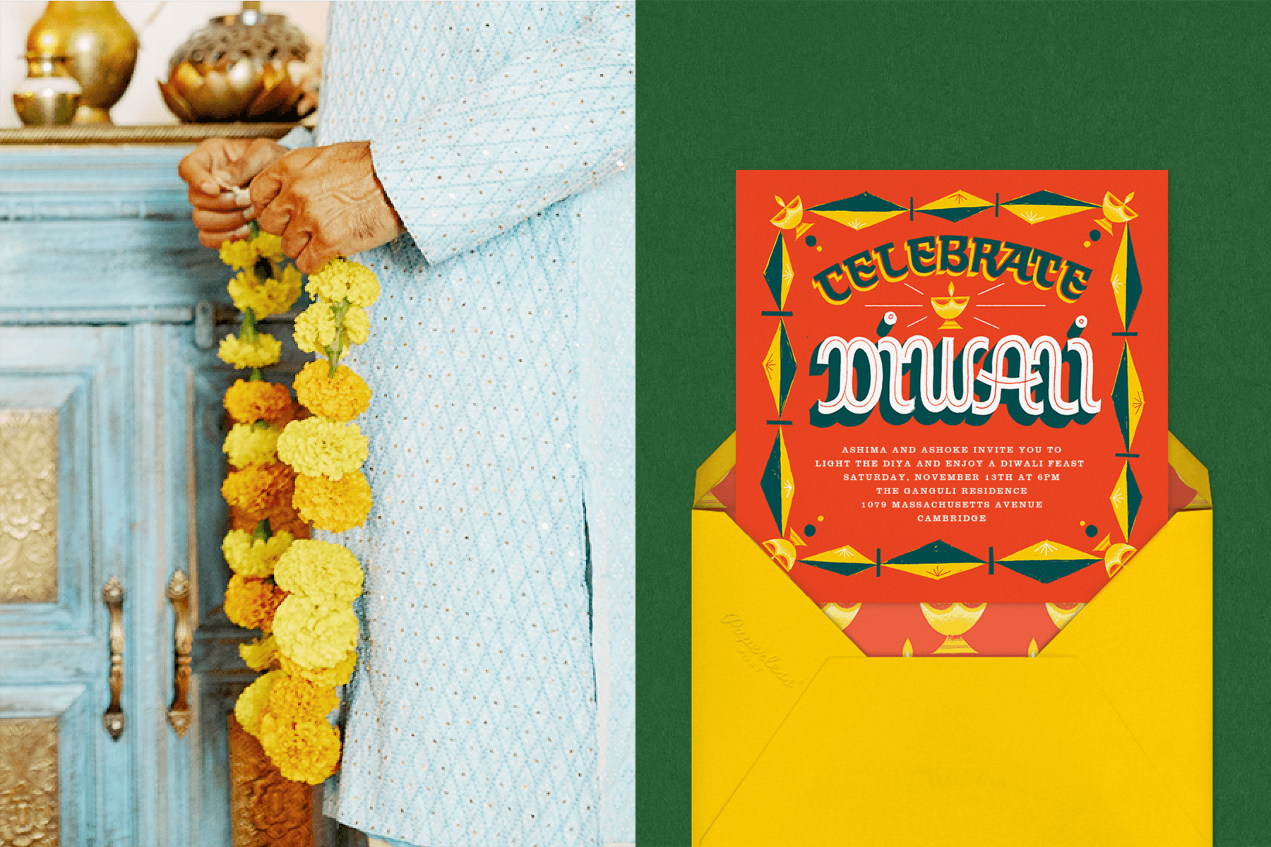 Left: A woman’s hands hold a garland of marigolds. Right: An orange Diwali invitation on a green background.