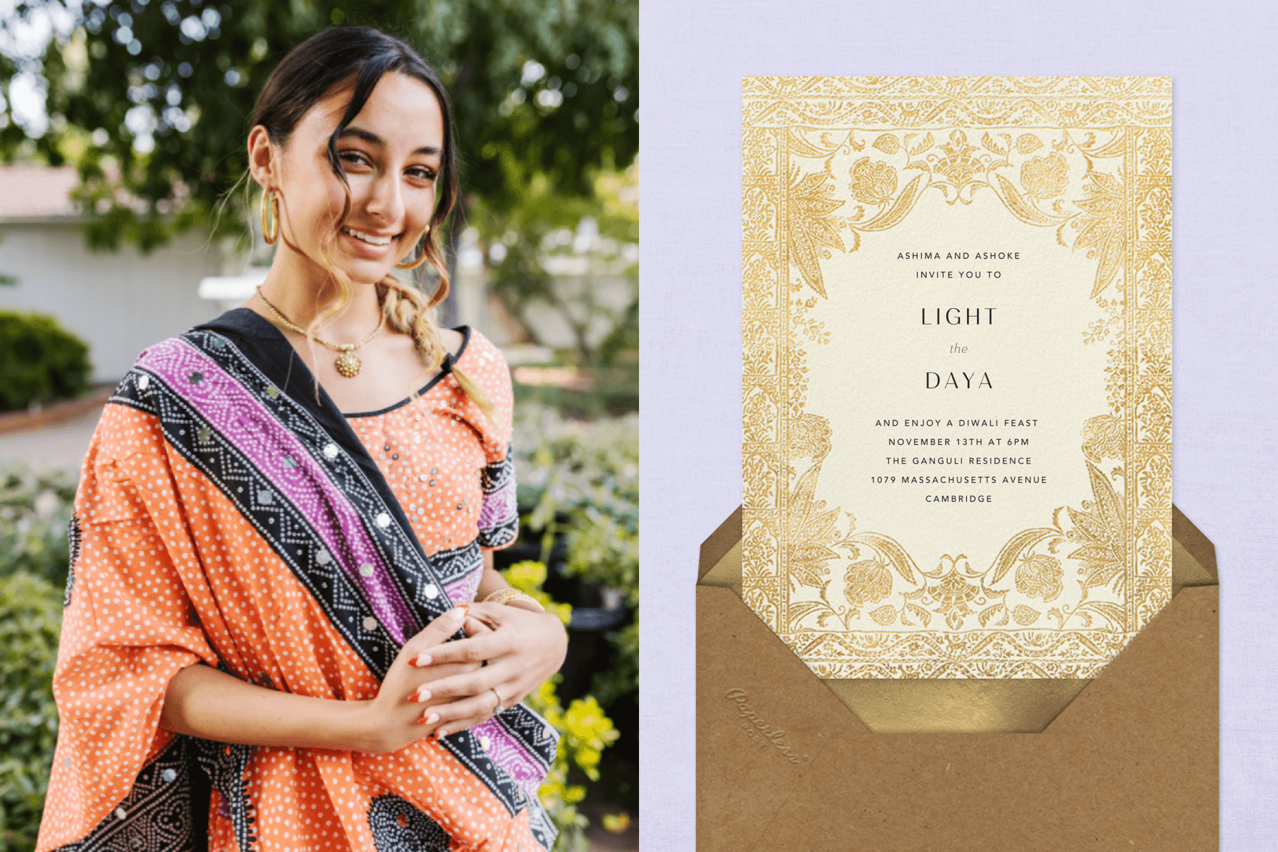 Left: A young woman dresses in a sari for Diwali. Right: A floral gold Diwali invitation.