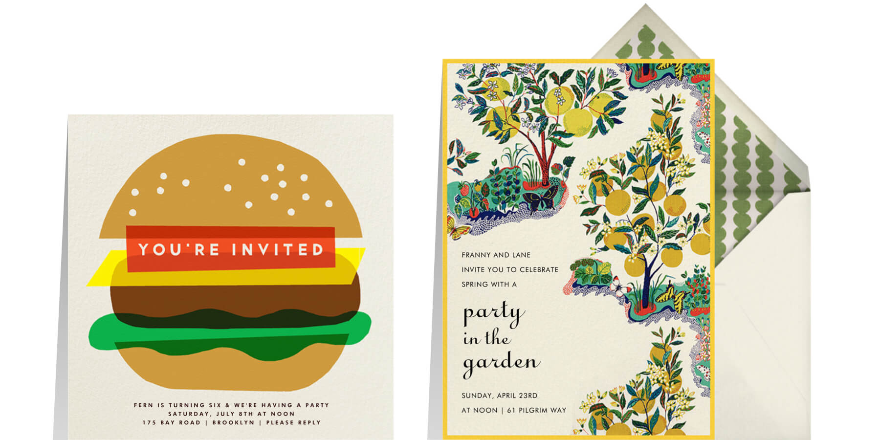 Left: Burger Beer by The Indigo Bunting for Paperless Post. Right: Exuberance by Schumacher for Paperless Post