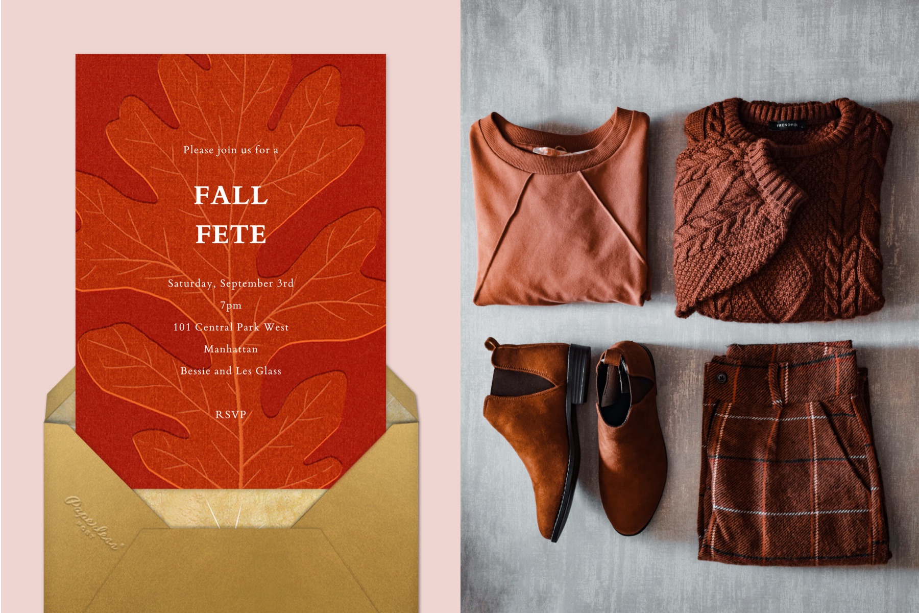 A red party invitation with a large oak leaf | Right: a flat-lay of folded brown autumnal clothing.