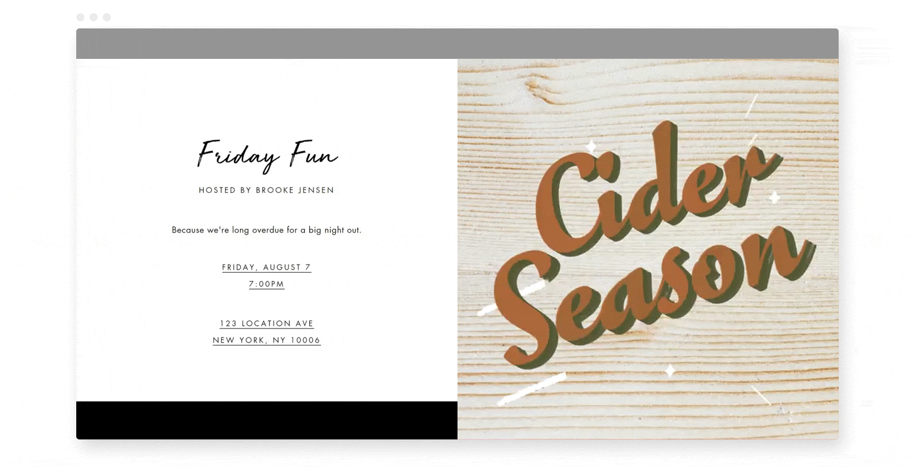 An online invitation with a gif that reads “Cider season.”