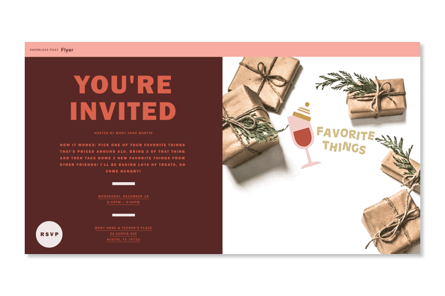 Favorite things party free invitation for gift swaps featuring pretty wrapped packages 