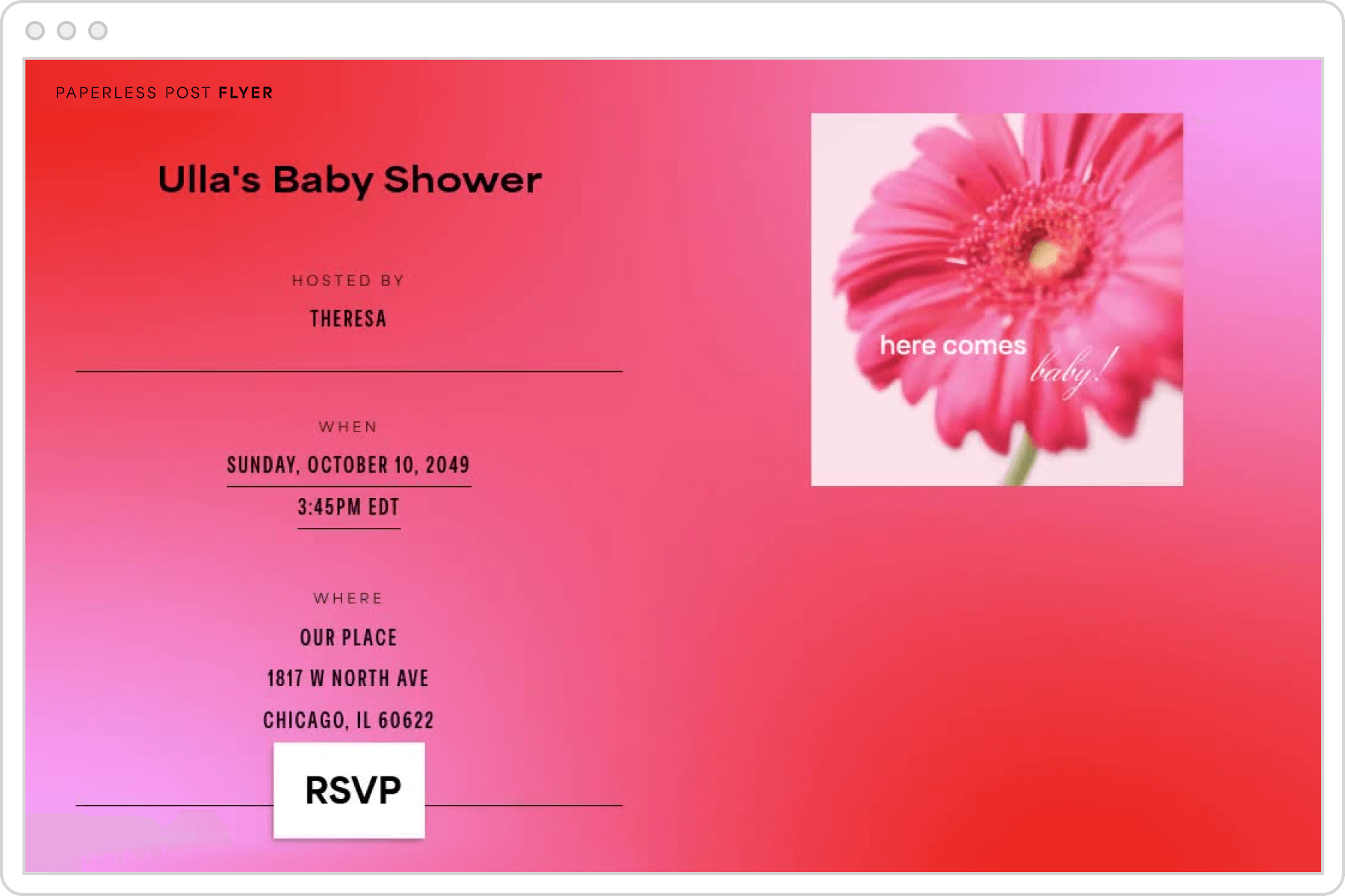 A digital invitation template for a baby shower with a red and pink gradient background and a photo of a pink flower with text overlay that reads ‘here comes baby!’