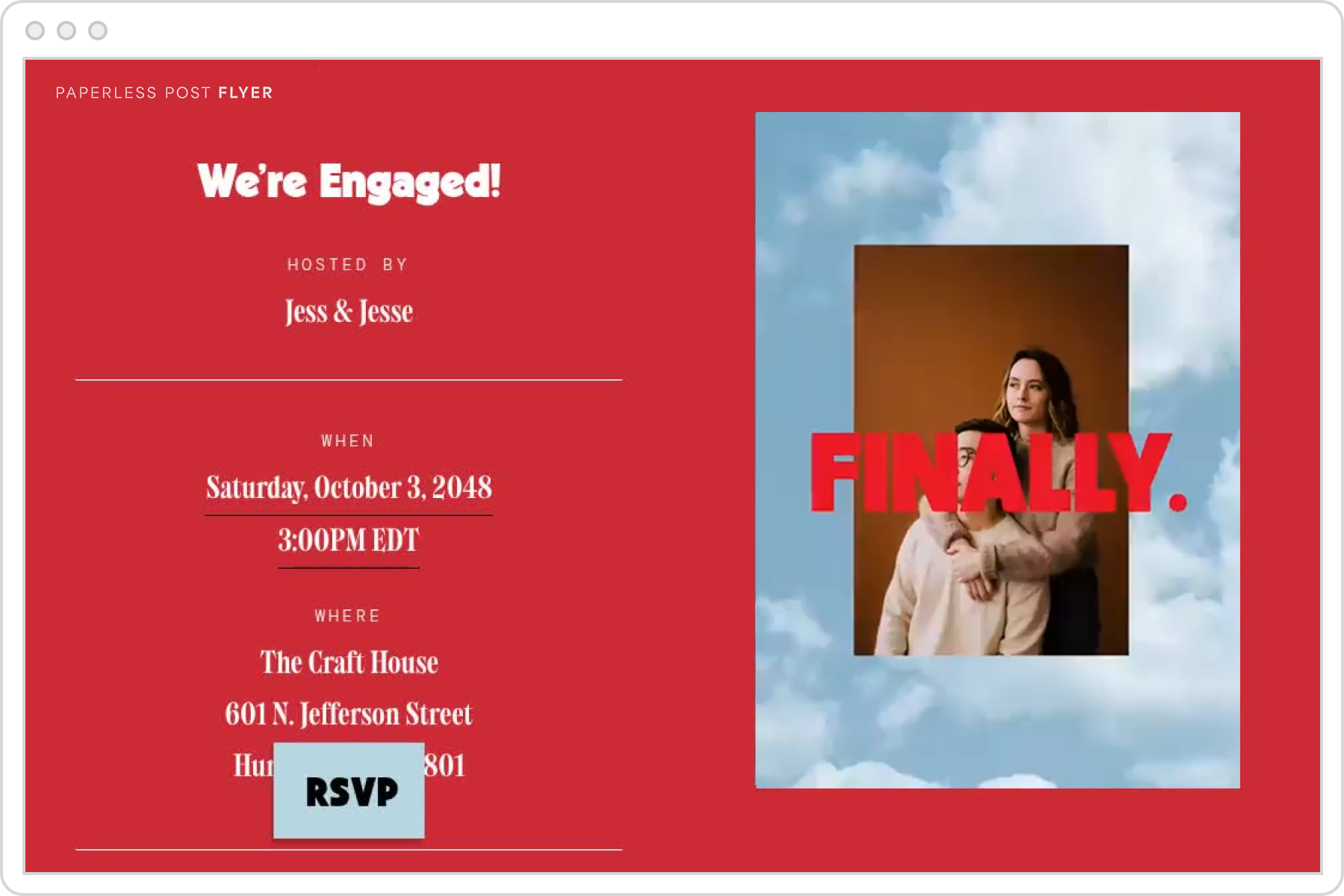 A digital invitation template for an engagement party featuring a red background and an image of a couple staring into the distance with text overlay in red that reads ‘Finally.’