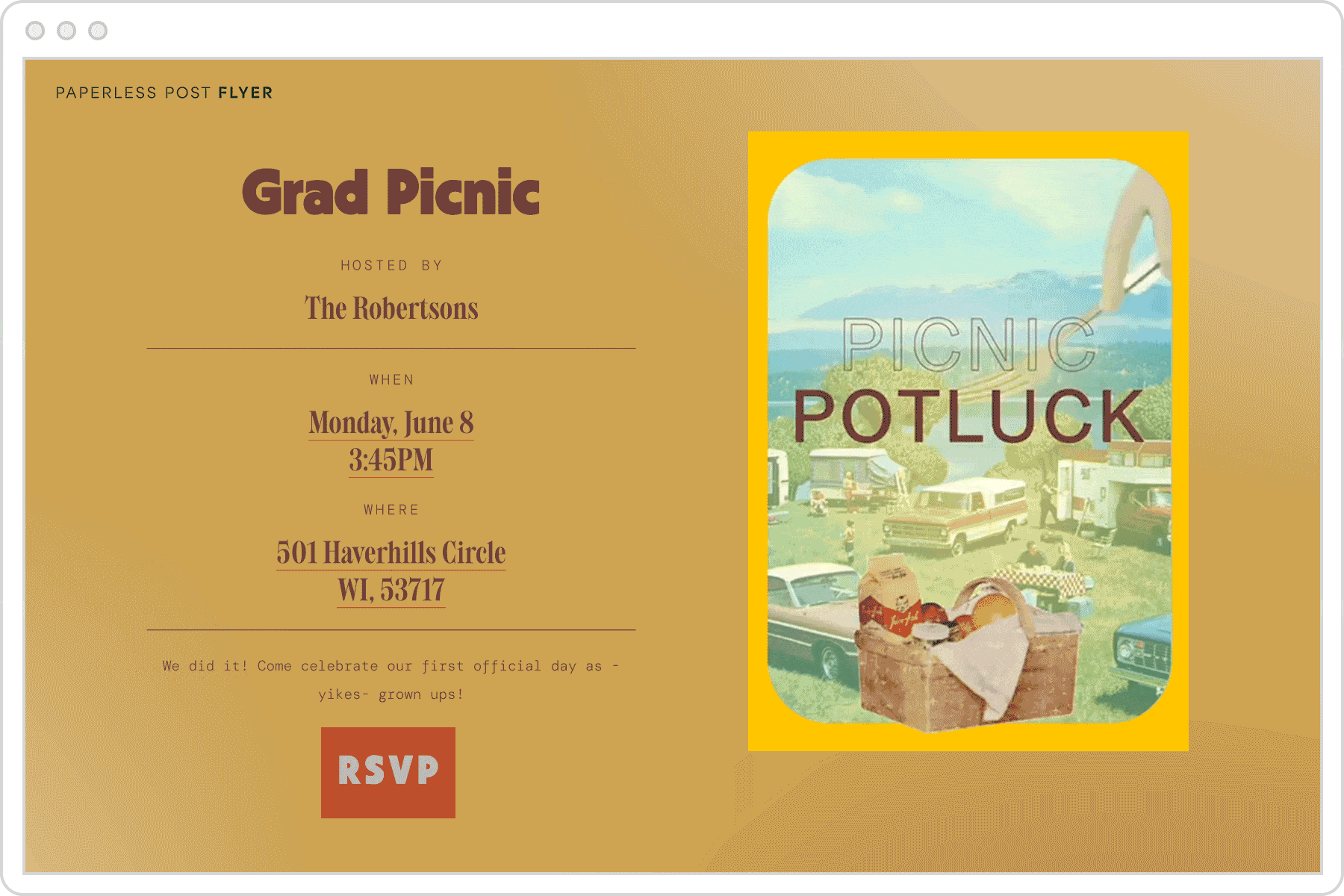 Digital invitation of a campsite with a picnic basket