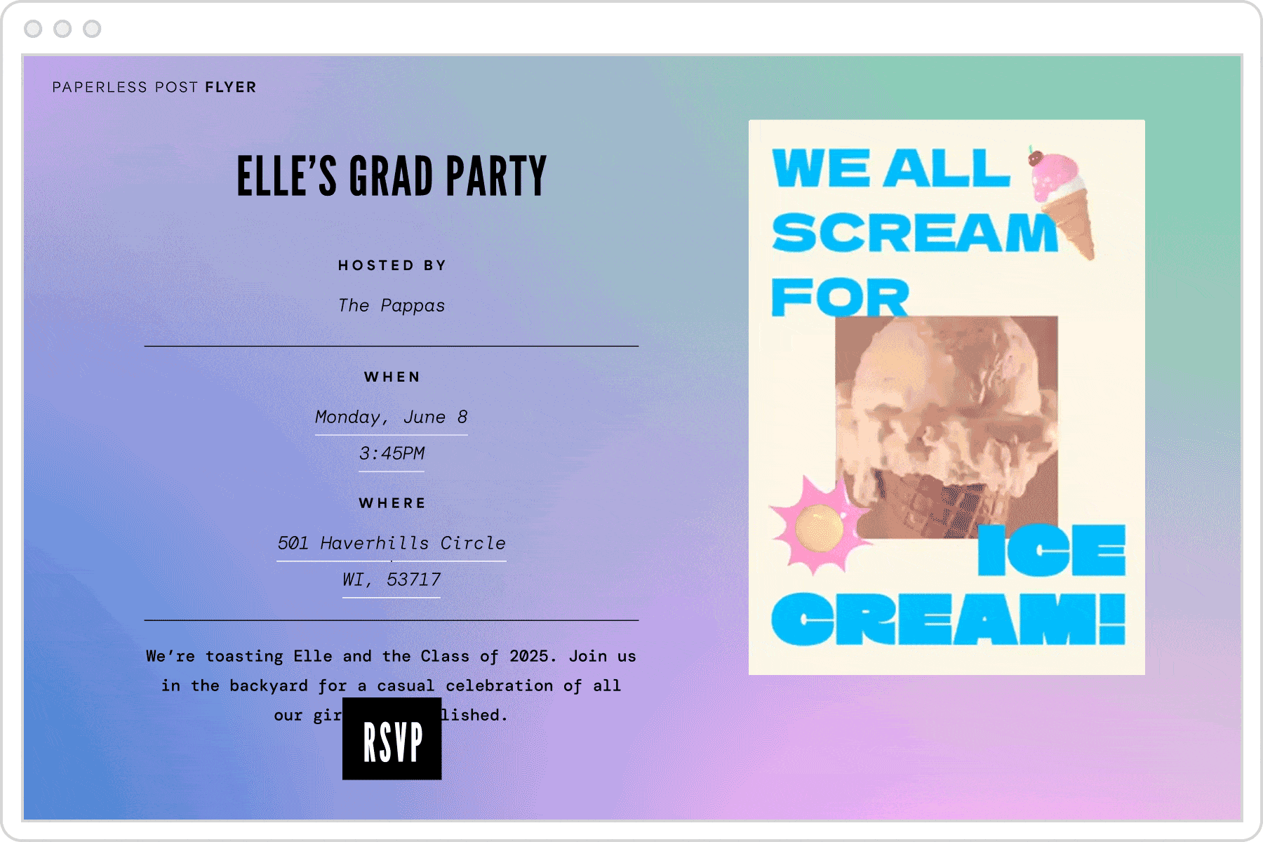 Digital invitation with an image of a melting ice cream cone and the words 'We all scream for ice cream' on it.