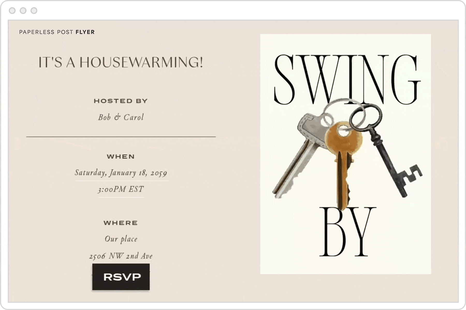 A digital invitation template for a housewarming party featuring a beige background with an animated image of three keys on a ring with text overlay that reads ‘Swing by’. 