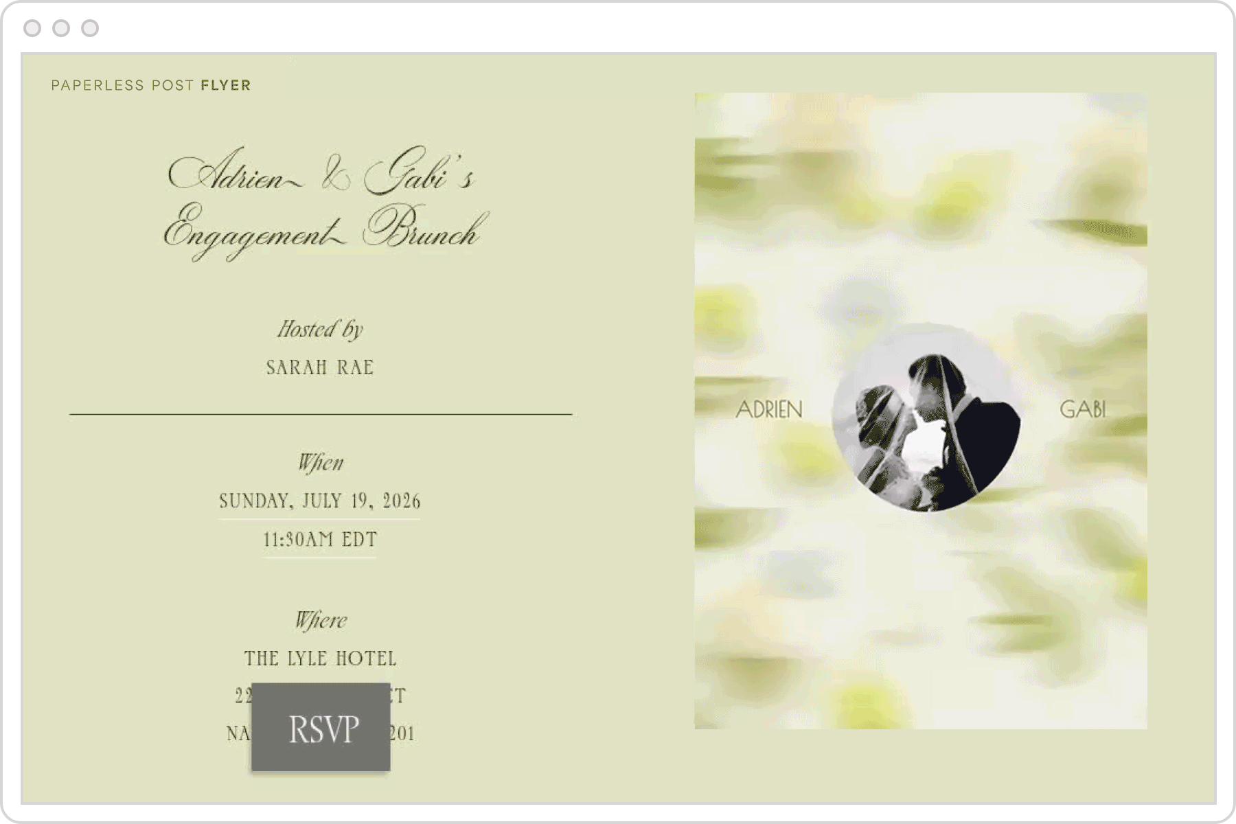 A digital invitation template for an engagement brunch featuring a light green background and an animated image of abstract and out-of-focus flower petals with text overlay that reads ‘Happily engaged’.