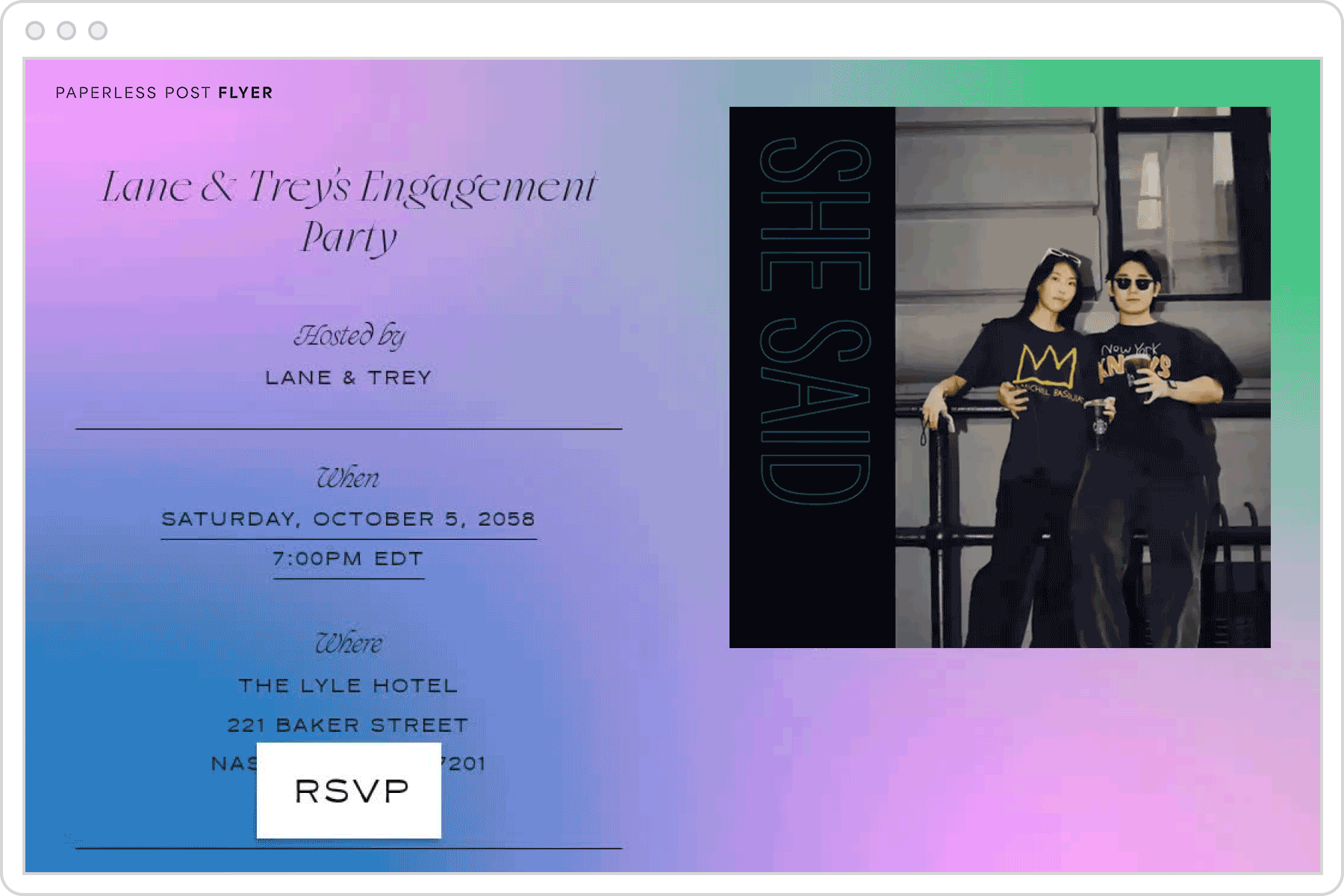 A digital invitation template for an engagement party featuring a green, blue, and pink gradient background with an image of a couple posing in sunglasses with text overlay that reads ‘She said, well, yes!’
