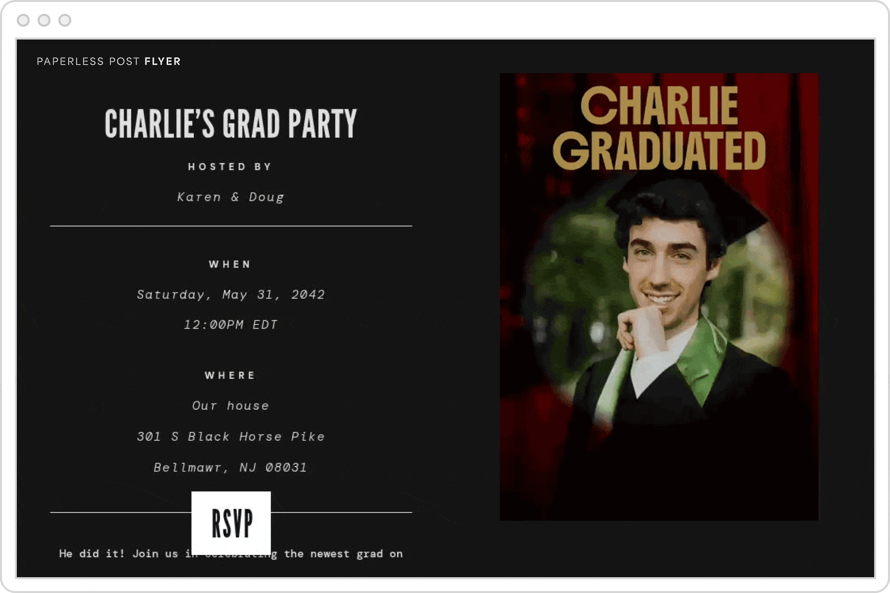 A digital invitation for a graduation party featuring a black background and an animated image of a spotlight centering on a portrait of a graduate with text overlay that reads ‘Charlie graduated [please clap]’.