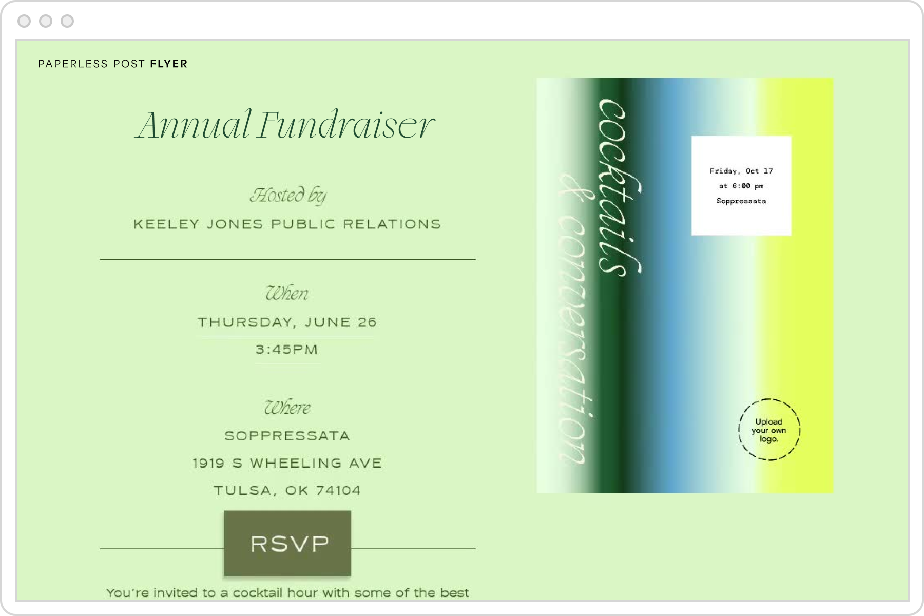 A digital invitation page with a light green background and green text, paired with a blue, green, and yellow gradient graphic with text that reads ‘cocktails and conversation.’