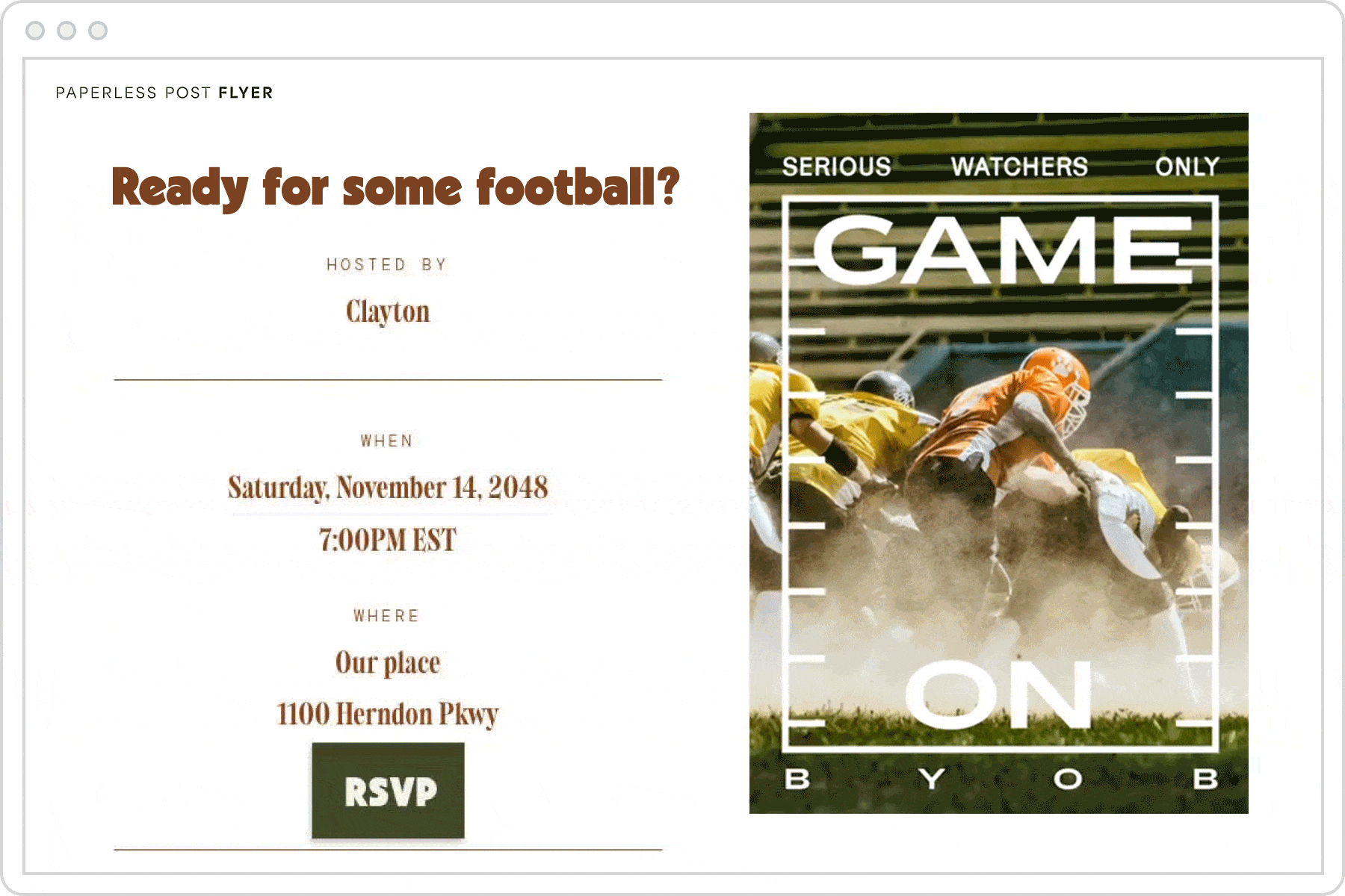 A digital invitation page with a white background and text that reads ‘Ready for some football?’ and an animated GIF with an image of football players on the field and overlay text that reads ‘SERIOUS WATCHERS ONLY,’ ‘GAME ON’ and ‘BYOB.’